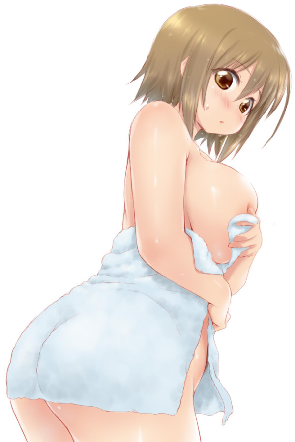 zanzi, mimura kanako, idolmaster, idolmaster cinderella girls, simple background, white background, ass, breasts, brown eyes, brown hair, covering, covering one breast, female, in profile, large breasts, naked towel, short hair, solo, towel, 