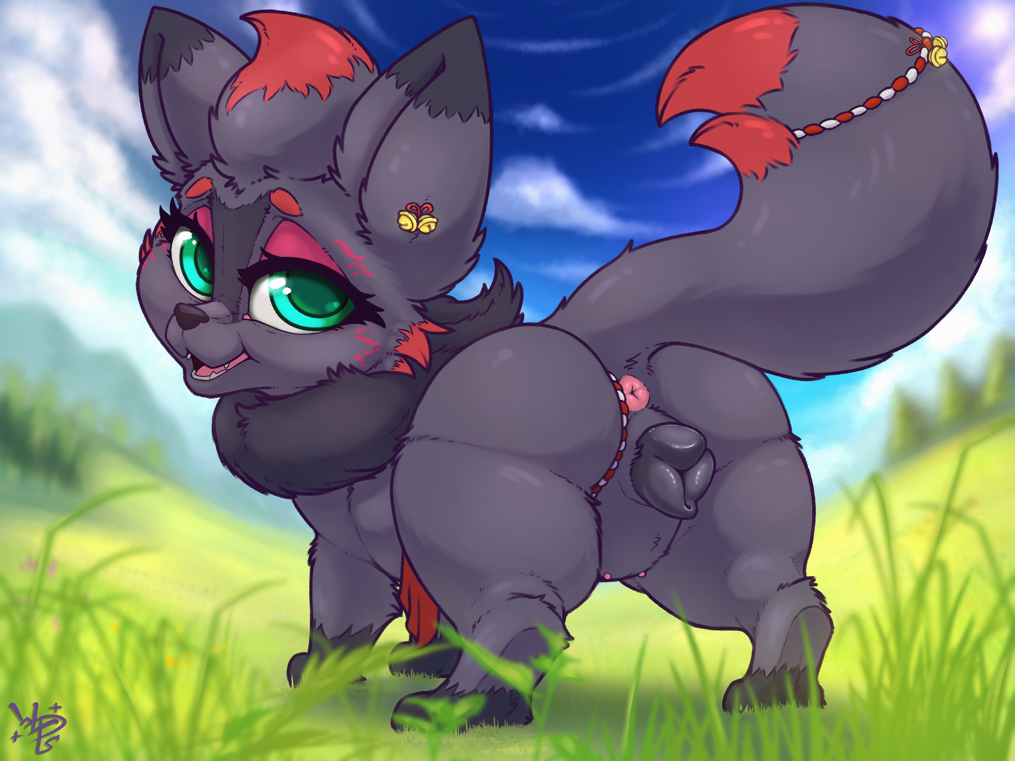 pokemon (species), zorua, nintendo, 4:3, absurd res, colored, digital drawing (artwork), digital media (artwork), hi res, 2025, accessory, animal genitalia, animal pussy, anus, artist logo, ass, bell, black body, canine genitalia, canine pussy, cheek tuft, detailed background, dipstick ears, dipstick tail, ear accessory, ear markings, eyeshadow, facial tuft, female, feral, furgonomics, generation 5 pokemon, genitals, grass, green eyes, head tuft, leg markings, logo, looking back, makeup, markings, multicolored ears, neck tuft, nipples, open mouth, plant, pokemon, pussy, quadruped, raised tail, rear view, red body, socks (marking), solo, standing, tail, tail accessory, tail anus, tail markings, thick thighs, tuft, wolps, 