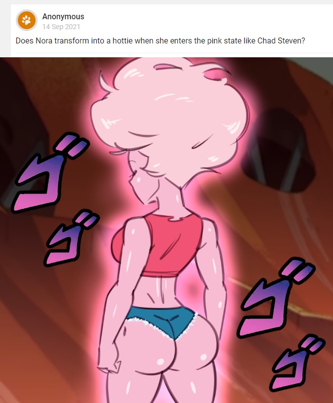 samson 00, steven quartz universe, steven universe, jojo reference, rule 63, 1girls, ask blog, bubble ass, bubble butt, female focus, fit female, gem hybrid, gemsona, jean shorts, nora quartz universe, pink hair, pink skin, power up, short shorts, solo, solo female, solo focus, thick thighs, voluptuous, 