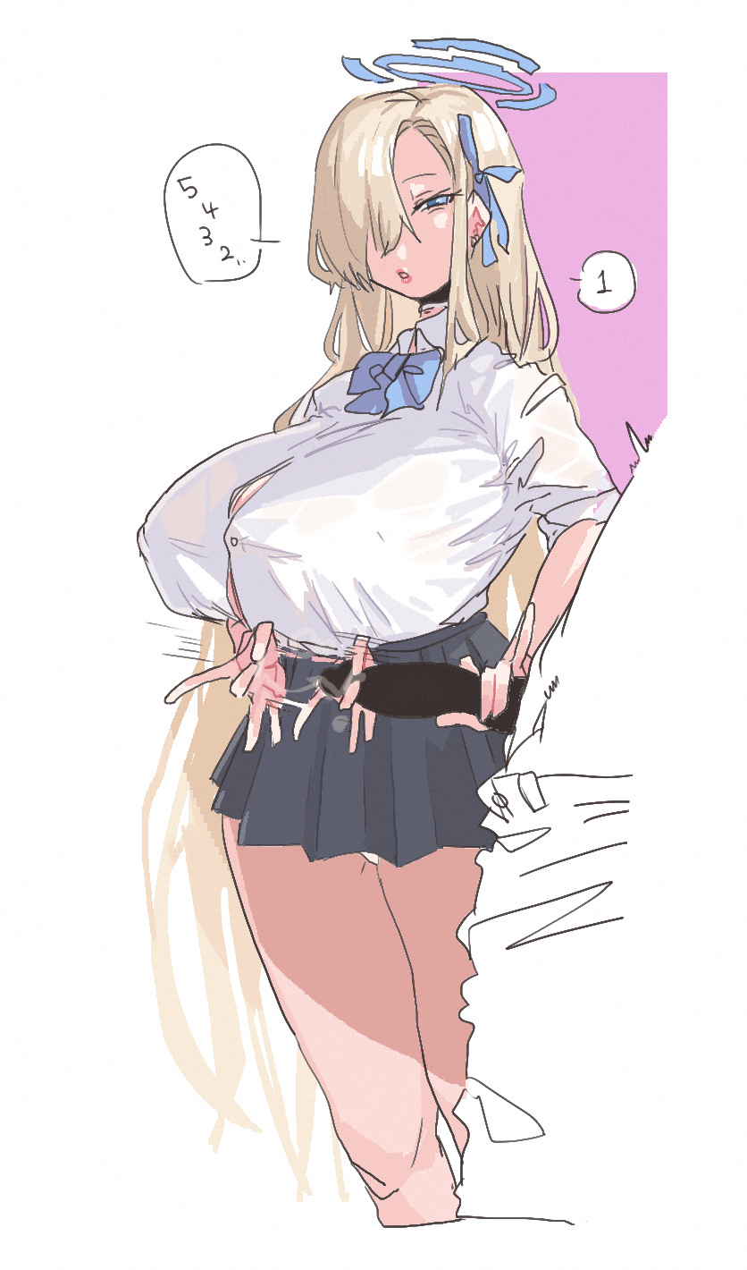 1girls annoyed annoyed_expression asuna_(blue_archive) bangs bangs_over_one_eye blacked_out blonde_female blonde_hair blue_archive blue_bow blue_bowtie blue_eyes blue_hair_ribbon blue_halo blue_ribbon bow bowtie breasts button_gap censored_penis cleaning_&_clearing_(blue_archive) cleavage counting ear_piercing earrings female hair_over_one_eye hair_ribbon halo hand_on_penis handjob large_breasts leebongchun male millennium_science_school_student motion_blur narrowed_eyes nipple_bulge nipples nipples_visible_through_clothing panties panties_peek panty_peek penis penis_out pleated_skirt ribbon school_uniform schoolgirl schoolgirl_uniform skirt solo speech_bubble text text_bubble tremble_spikes trembling very_long_hair white_blouse white_panties white_shirt white_topwear