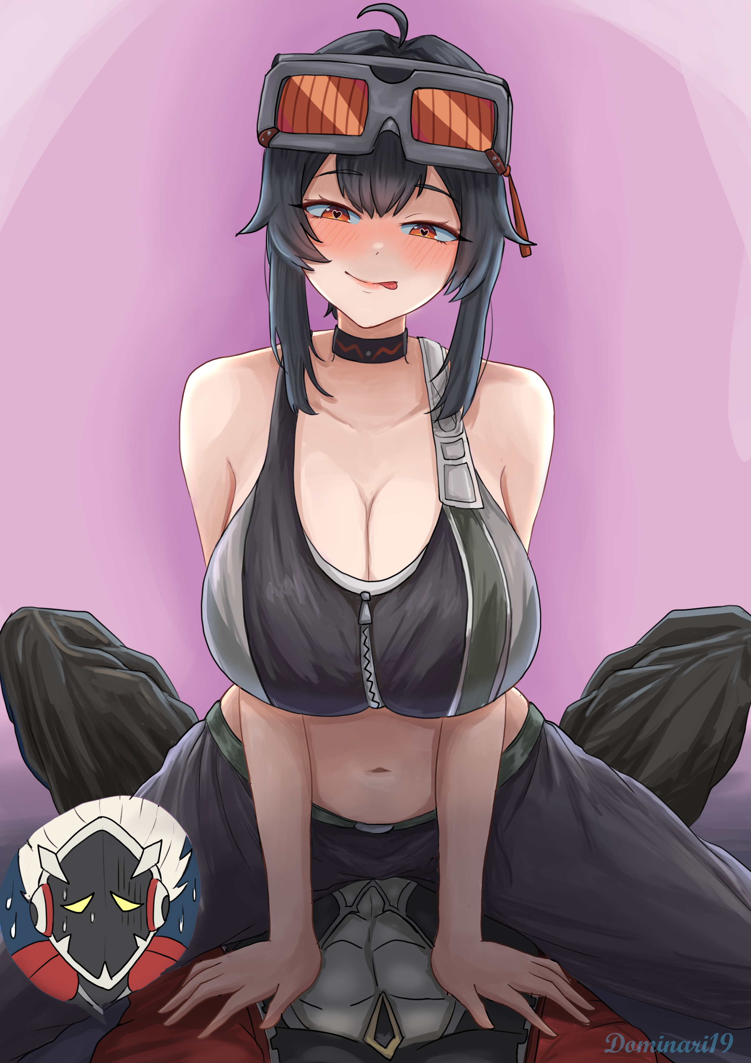 1boy 1girls bedroom_eyes big_breasts billy_kid_(zenless_zone_zero) black_hair blush breasts collar cowgirl_position dominant_female female female_on_top goggles_on_head grace_howard heart-shaped_pupils highres hoyoverse imminent_sex licking_lips light-skinned_female light_skin looking_at_another male midriff naughty_face on_top pale-skinned_female pale_skin robot tongue tongue_out zenless_zone_zero zipper