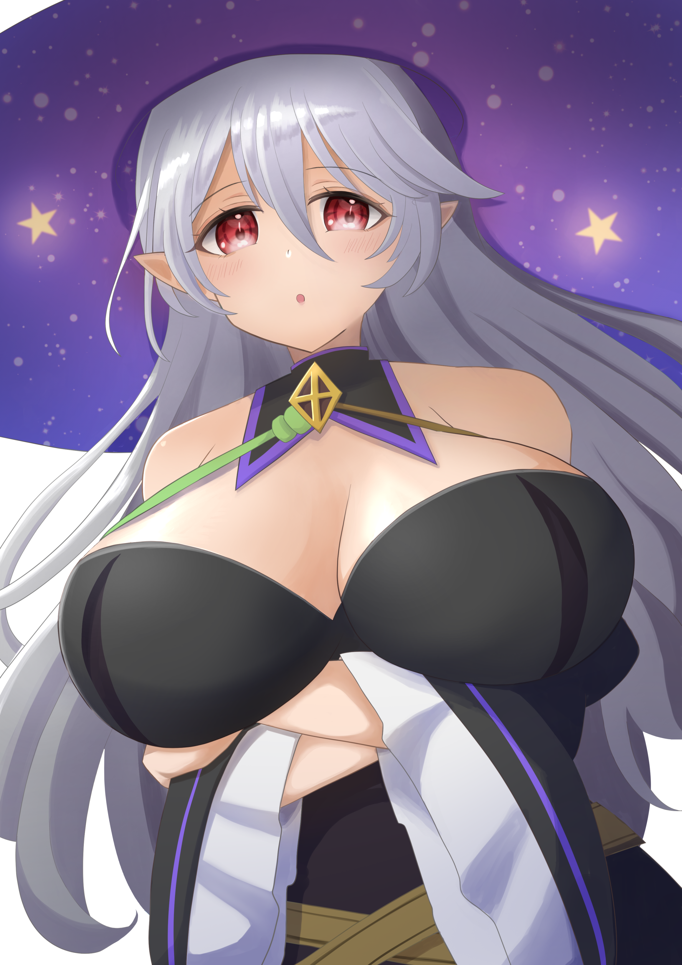 corrin (fire emblem), corrin (fire emblem) (female), fire emblem, fire emblem fates, fire emblem heroes, halloween, nintendo, 1girls, :o, alternate costume, arms under breasts, breasts, cleavage, crossed arms, female, female only, grey hair, hair between eyes, halloween costume, huge breasts, looking at viewer, midu mura, official alternate costume, pointy ears, red eyes, silver hair, solo, witch, witch hat, 