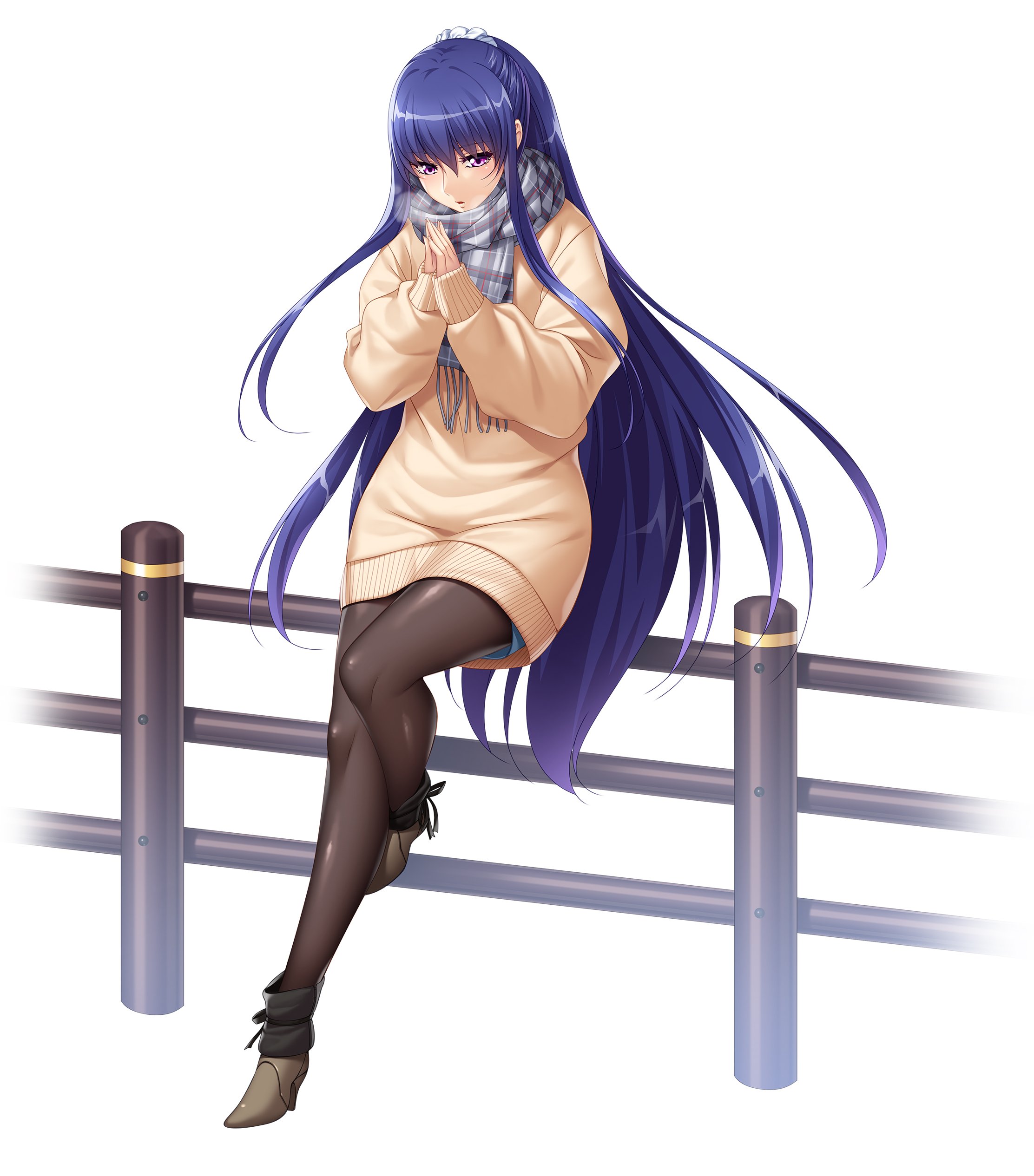 zol, akiyama rinko, taimanin (series), taimanin yukikaze, absurdres, highres, black legwear, blue eyes, blue hair, coat, female, long hair, looking at viewer, scarf, sweater, winter clothes, winter coat, 