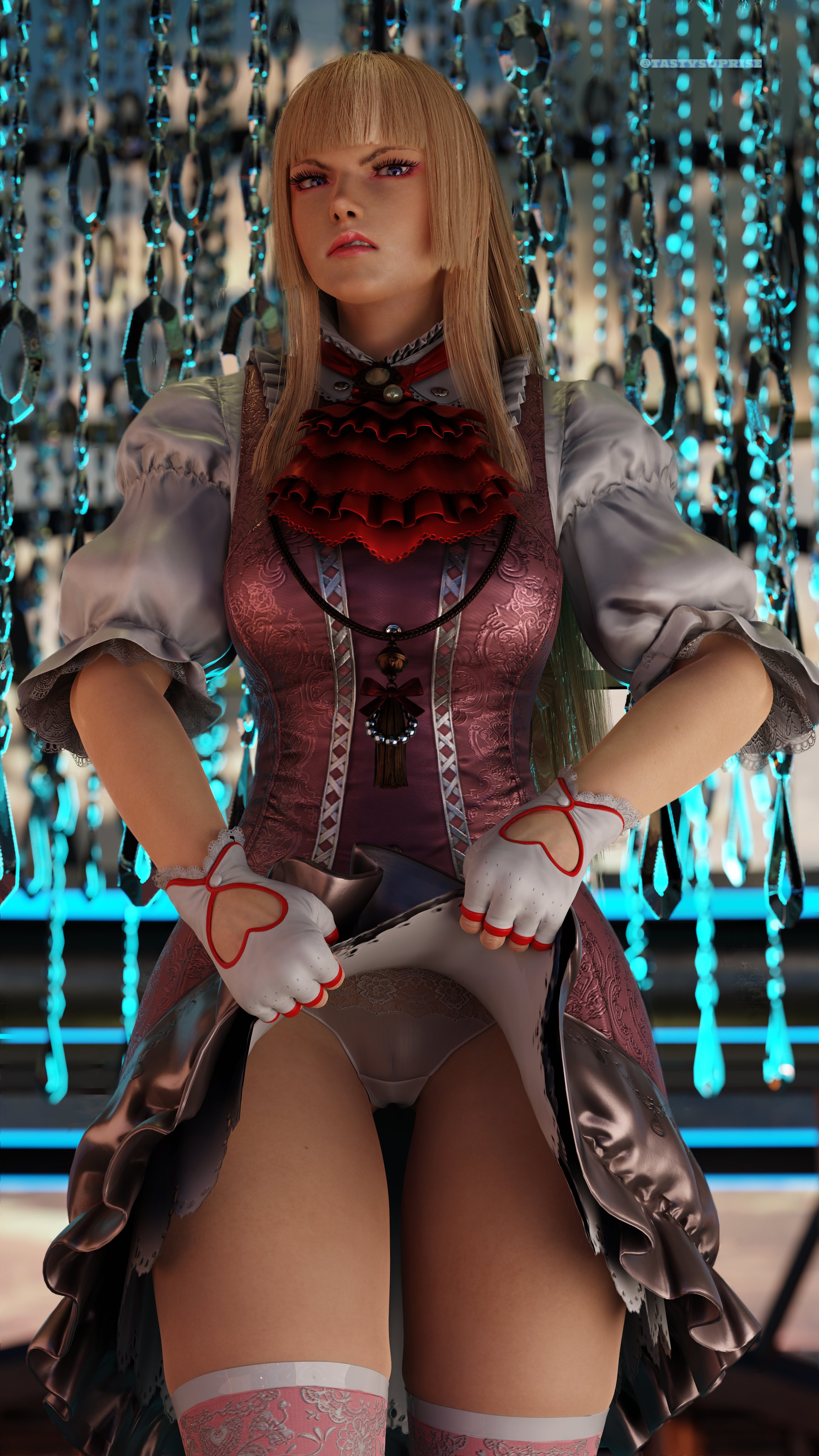 emilie de rochefort, tekken, 3d, tagme, angry, angry face, athletic, athletic female, bangs, blonde hair, blue eyes, breasts, busty, dress, dress lift, female, female focus, female only, fingerless gloves, flashing, flashing pussy, hourglass figure, long hair, makeup, mascara, medium breasts, panties, pussy, see-through, see-through clothing, see-through panties, shaved pussy, sleeves rolled up, standing, tastysurprise, thighhighs, vagina, wide hips, 
