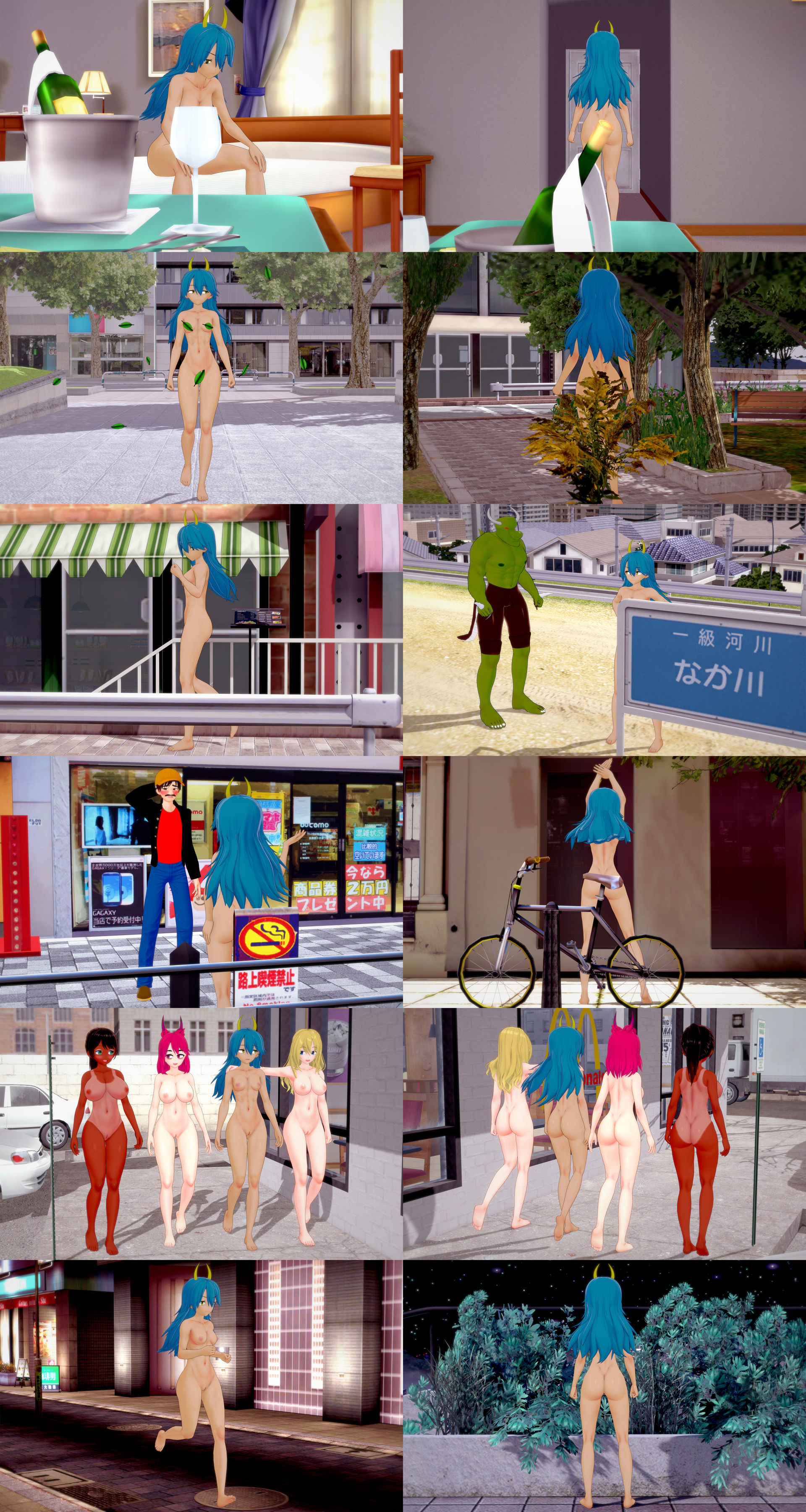 2boys, 4girls, abby (retropunch), abs, ass, aurora bruegger, bed, bedroom, bike, blue hair, boots, breasts, brown hair, cleavage, clothed male nude female, completely nude, completely nude female, covering crotch, exhibitionism, glasses, i0yf, jacket, leaf, long hair, male nipples, medium hair, meskerem, muscular, muscular male, navel, nipples, nude, nude female, one-piece tan, outdoor nudity, pants, pink hair, ponytail, public nudity, retro (retropunch), retropunch, samson sera, sharpclaw (retropunch), shirt, shirtless, shirtless male, short hair, shorts, streaking, street, tanline, wine, wine bottle, wine glass, 