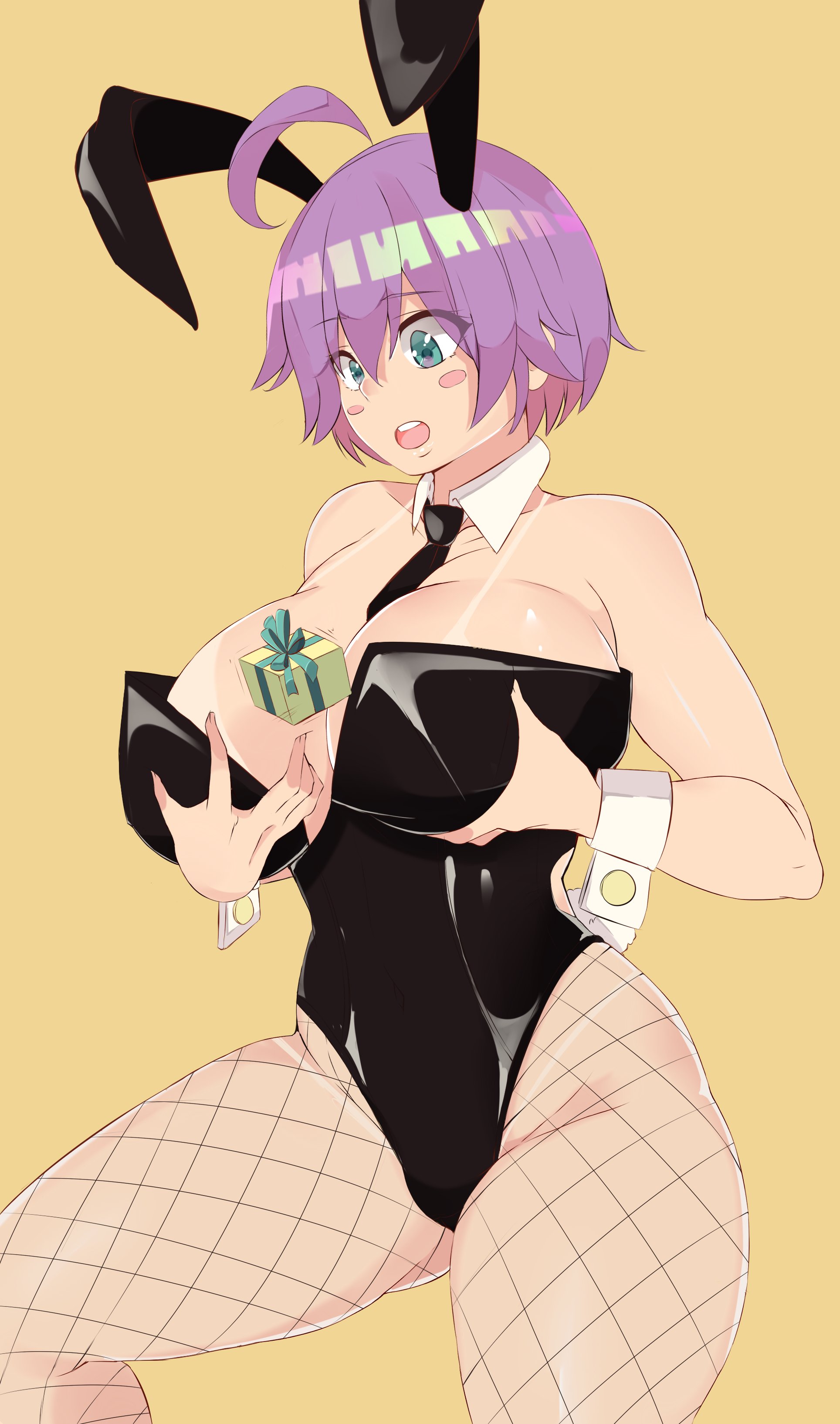yukino akaihi, highres, 1girls, aqua eyes, between breasts, big breasts, breast grab, breasts, busty, cleavage, female, female only, grabbing, large breasts, legs, open mouth, purple hair, rabbit ears, rabbit tail, short hair, solo, solo female, surprised, thick thighs, thighs, voluptuous, 