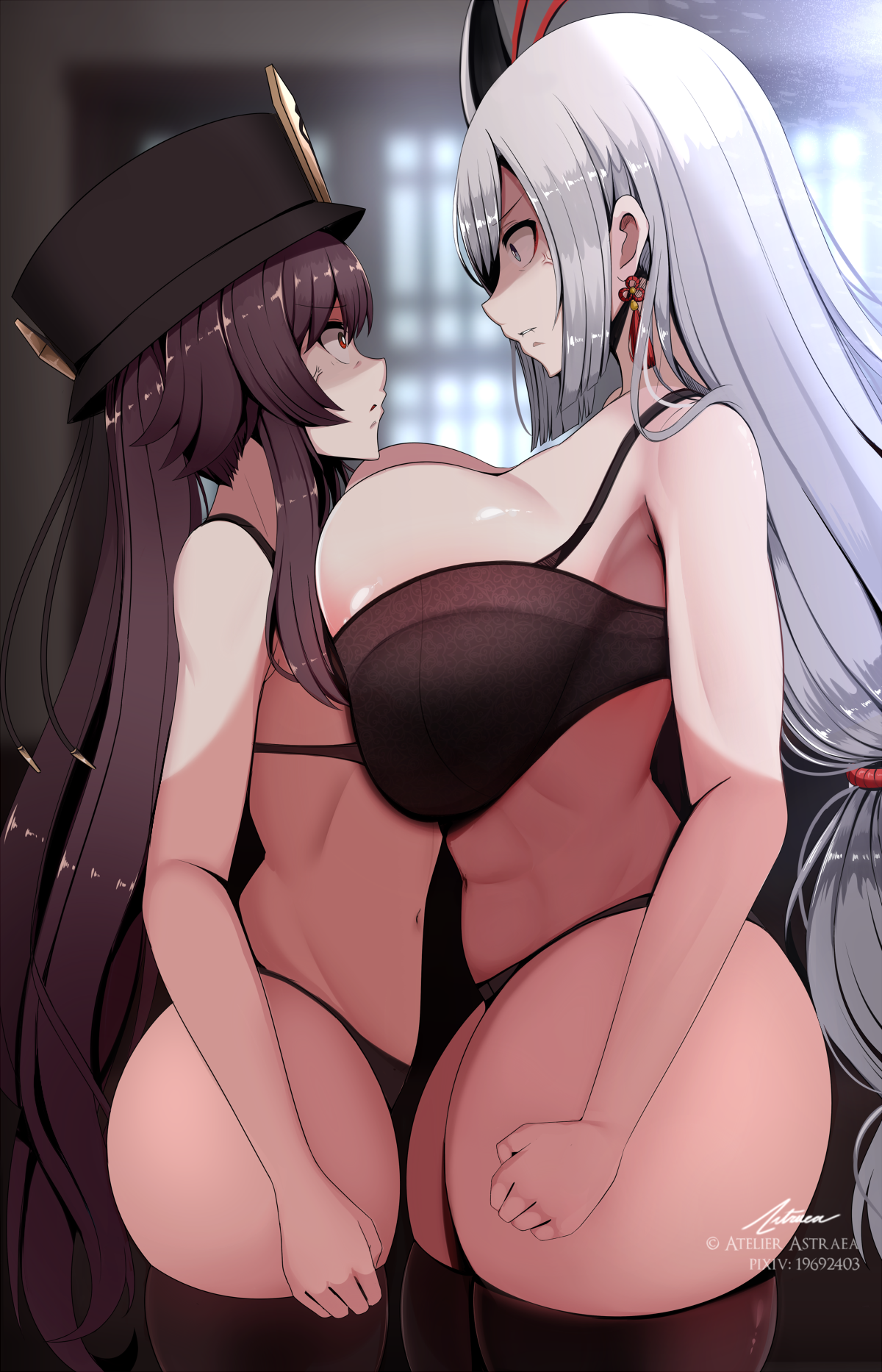 hi res, 2girls, ass, ass size difference, astraea (atelierastraea), blue eyes, bra, breast envy, breast size difference, breast to breast, breasts, brown eyes, brown hair, female, genshin impact, height difference, hips, hu tao (genshin impact), huge breasts, large ass, light-skinned female, light skin, long hair, navel, panties, petite, petite body, shenhe (genshin impact), side view, slim waist, small breasts, thick thighs, thighs, twintails, voluptuous, white hair, wide hips, 