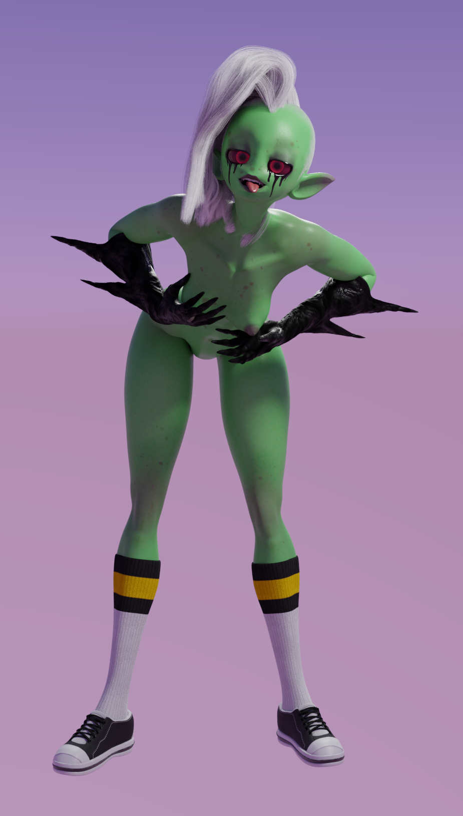 lord dominator, lewdness, wander over yonder, 3d, pose, green skin, nude female, red eyes, rude, sexy, slut, teen, white hair, 