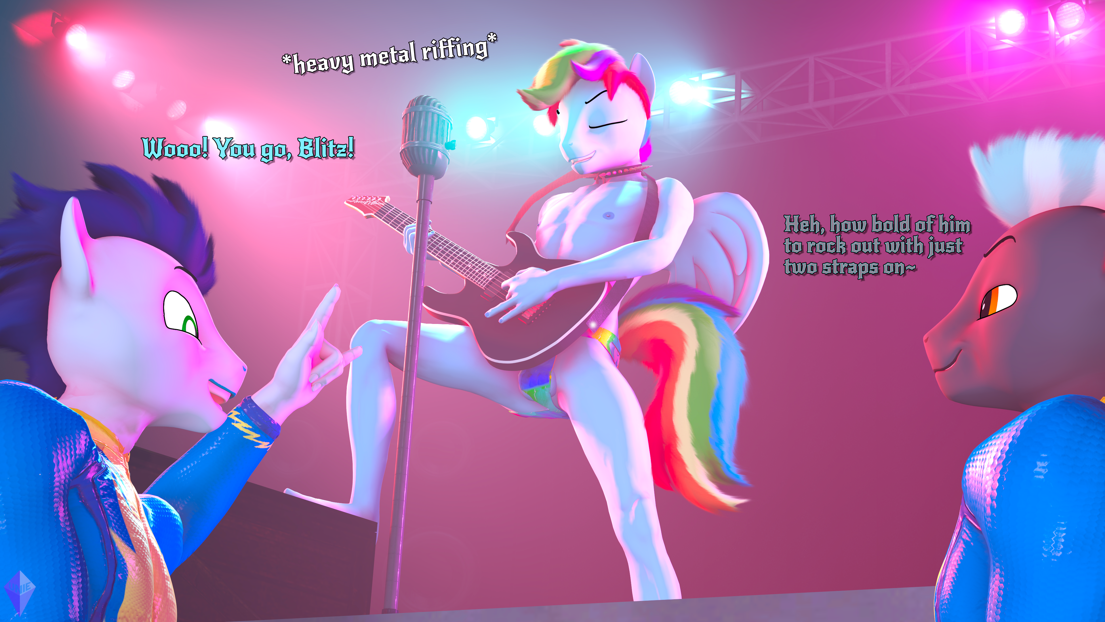 16:9 4k absurd_res anthro anthrofied balls blue_body blue_fur clothing collar electric_guitar electronics equid equine feet friendship_is_magic fur genderswap genderswap_(ftm) genitals guitar hair hasbro hi_res humanoid_feet latex latex_clothing latex_skinsuit male mammal microphone multicolored_hair multicolored_tail musical_instrument my_little_pony mythological_creature mythological_equine mythology pegasus plantigrade plucked_string_instrument rainbow_blitz_(mlp) rainbow_dash_(mlp) rainbow_hair rainbow_tail rule_63 skinsuit soarin_(mlp) spiked_collar spikes stage string_instrument tail thunderlane_(mlp) tight_clothing underwear unie widescreen wings wonderbolts_(mlp)