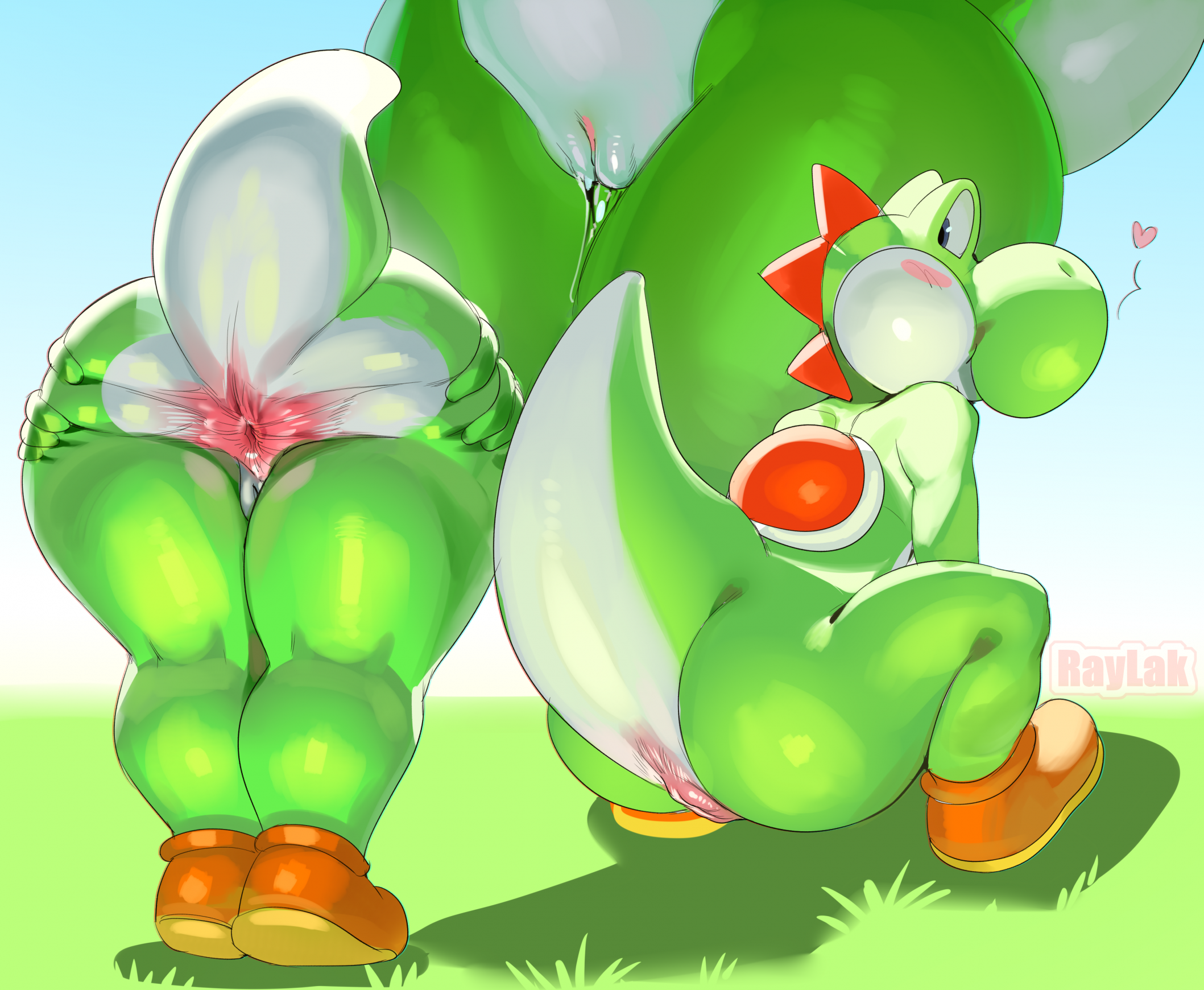 2025 anthro anus artist_name ass blush bodily_fluids close-up clothing dinosaur female footwear genital_fluids genitals grass green_body green_yoshi heart_symbol hi_res looking_back mario_bros multiple_poses nintendo outside plant pose raylak_m rear_view reptile scalie shoes smile solo spread_anus spread_butt spreading text vaginal_fluids vulva yoshi