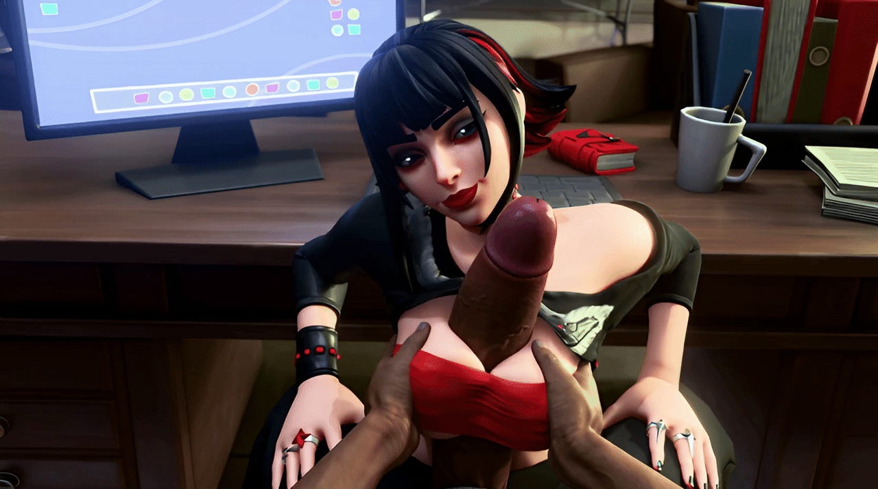 1boy 1girls 3d 3d_(artwork) ai_assisted animated bandeau big_breasts big_penis boobjob breasts breasts_squeezed_together dark-skinned_male dark_skin female fortnite gif goth goth_girl hi_res huge_penis light-skinned_female light_skin looking_at_viewer macklesternsfw male morgan_myst_(fortnite) paizuri penis penis_between_breasts smiling smiling_at_viewer titjob