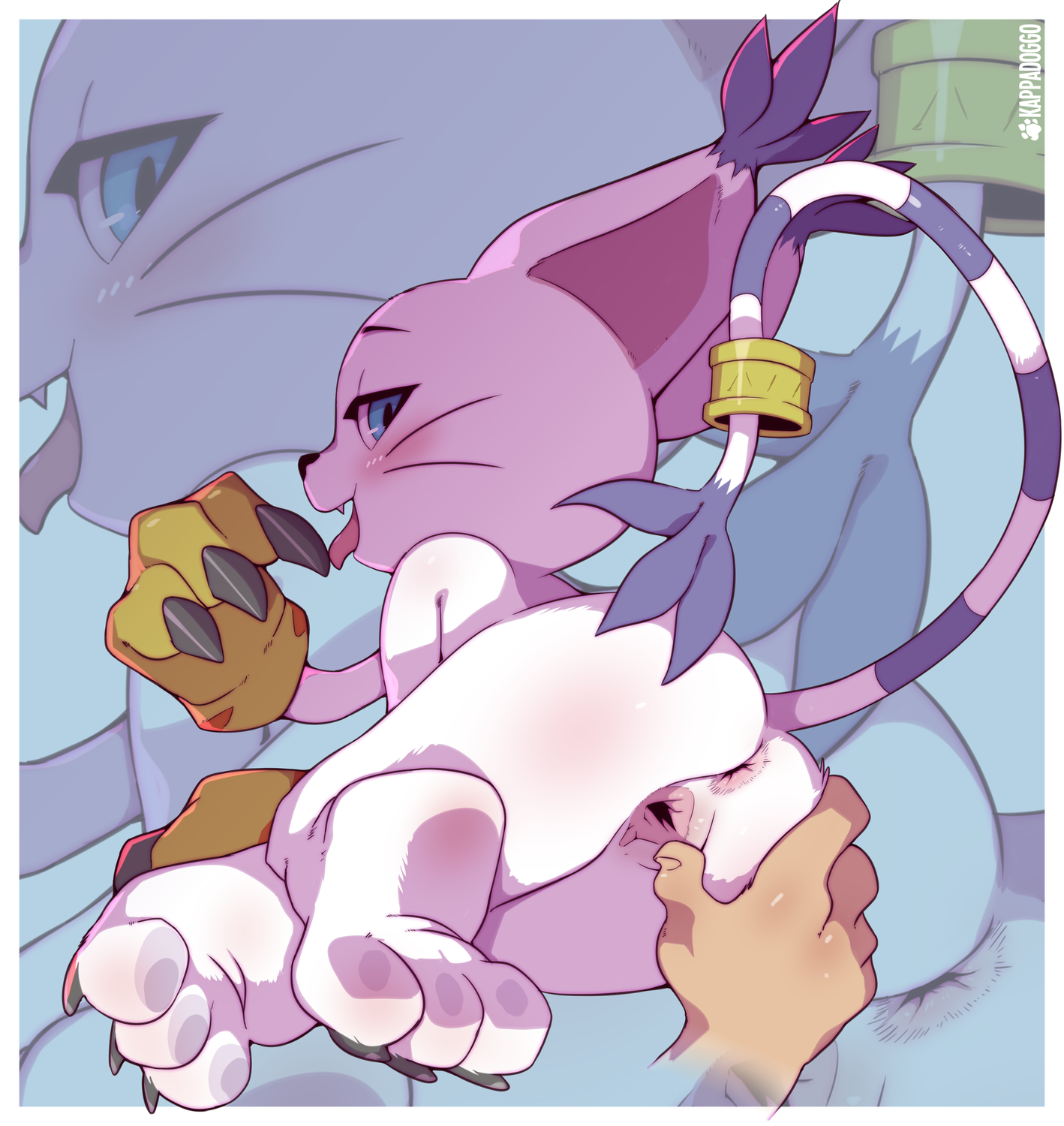 kappadoggo, digimon (species), gatomon, bandai namco, digimon, hi res, tagme, anthro, anus, disembodied hand, felid, feline, female, genitals, licking, looking at viewer, looking back, mammal, pussy, spread pussy, spreading, tail, tongue, tongue out, 