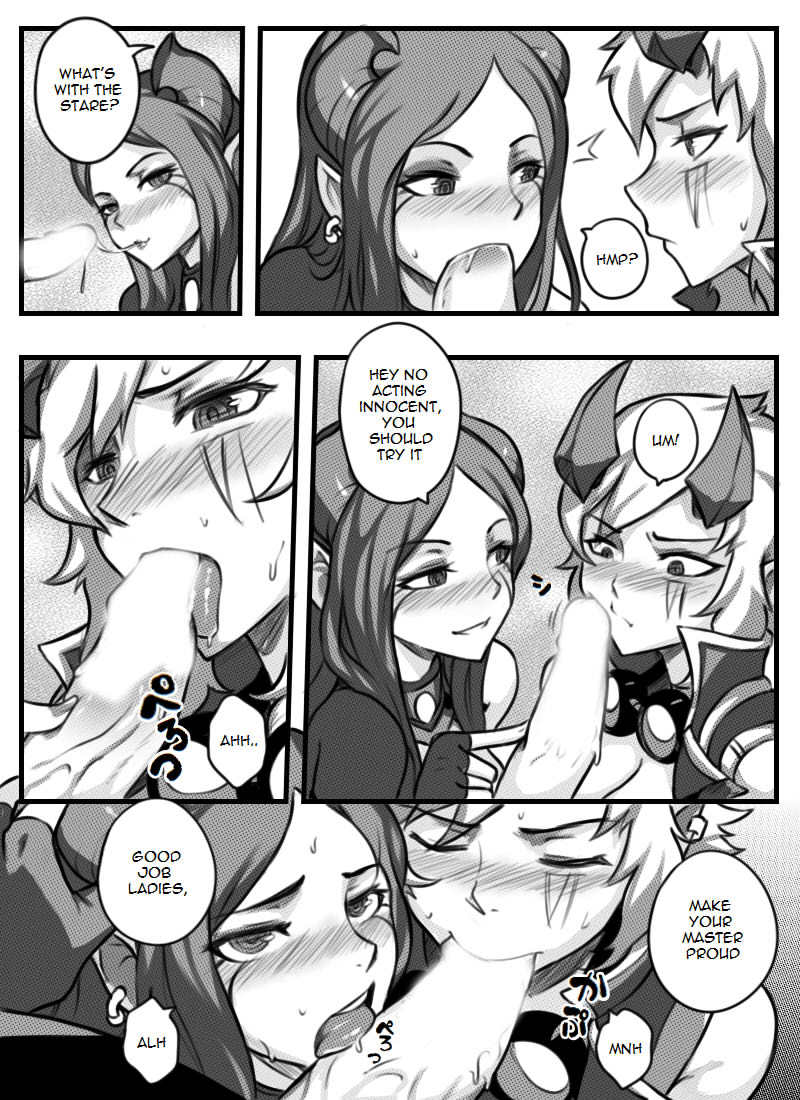 sieyarelow, caitlyn, demon vi, forsaken jayce, jayce, vi, league of legends, comic, english text, greyscale, monochrome, speech bubble, blush, breasts, demon girl, erection, fellatio, group sex, large breasts, licking, nipples, nude, oral, penis, saliva, sex, sucking, tongue, tongue out, 
