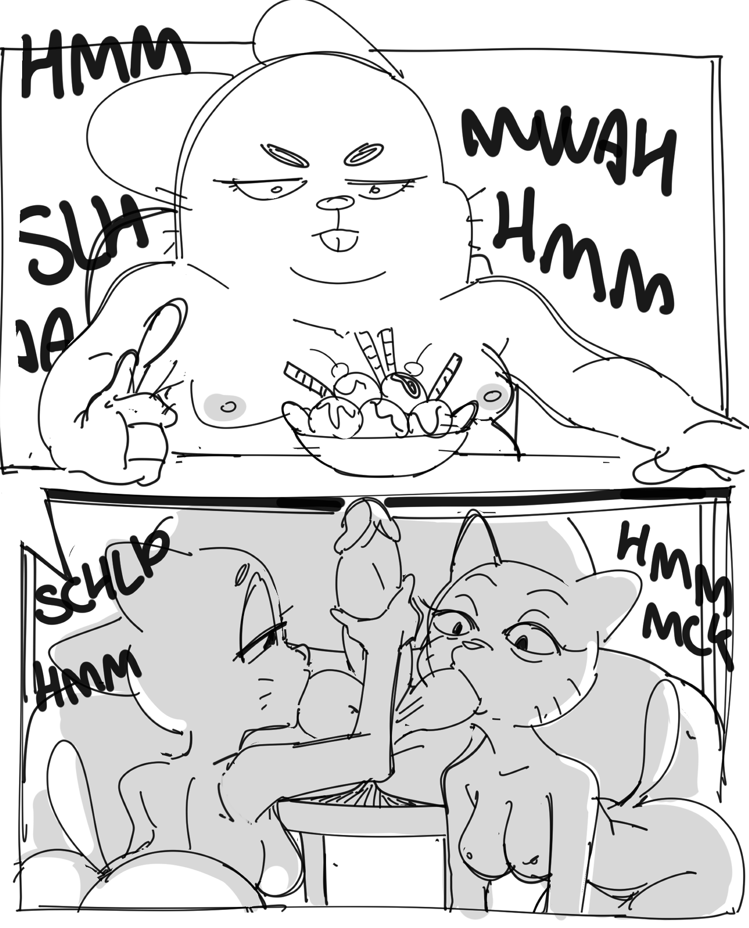 dbaru, mary senicourt, nicole watterson, richard watterson, cartoon network, the amazing world of gumball, english text, hi res, monochrome, sound effects, text, anthro, ass, ball suck, balls, big penis, breasts, chubby anthro, chubby male, cutlery, daughter, dessert, domestic cat, felid, feline, felis, female, food, furniture, genitals, group, group sex, handjob, husband, husband and wife, ice cream, kitchen utensils, lagomorph, leporid, male, male/female, mammal, married couple, mature anthro, mature female, mature male, mother, mother-in-law, mother-in-law and son-in-law, nude, oral, parent, penile, penis, pondering my orb, rabbit, sex, son-in-law, spoon, sucking, table, threesome, tools, under the table, wife, 