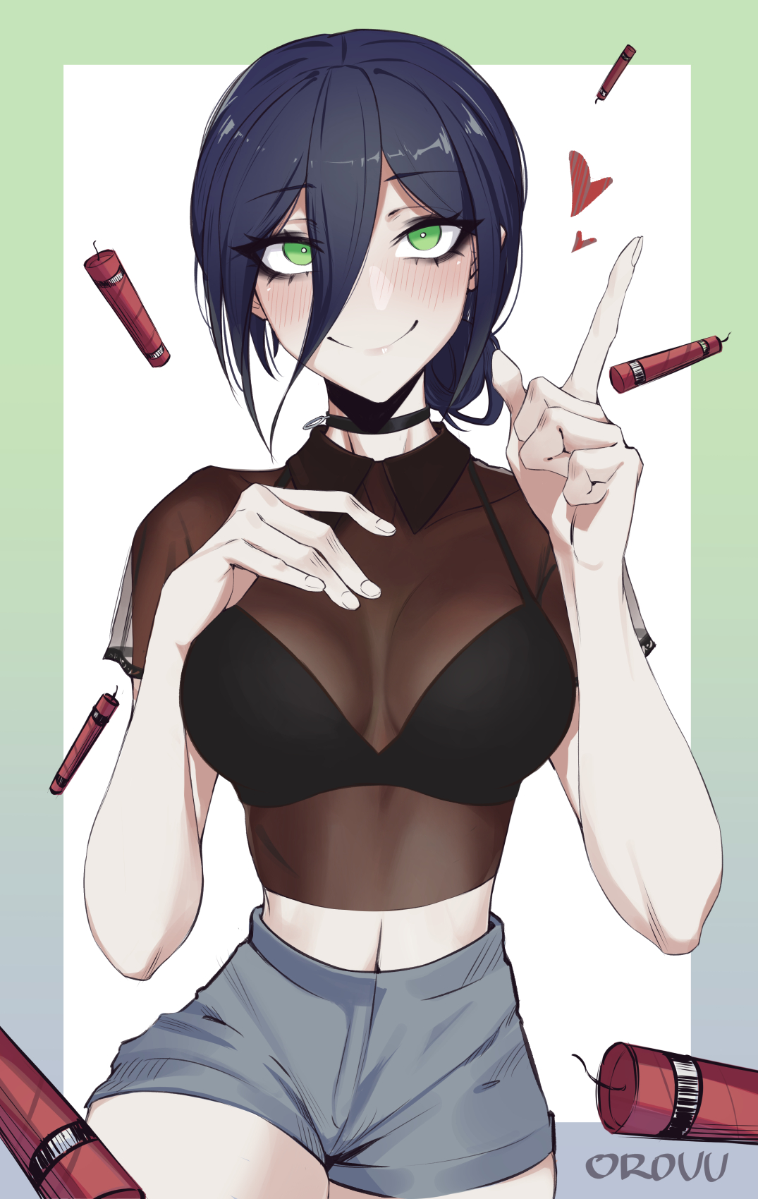 belly, big breasts, black hair, cleavage, green eyes, orouu, reze (chainsaw man), see-through clothing, thick thighs, underwear, 