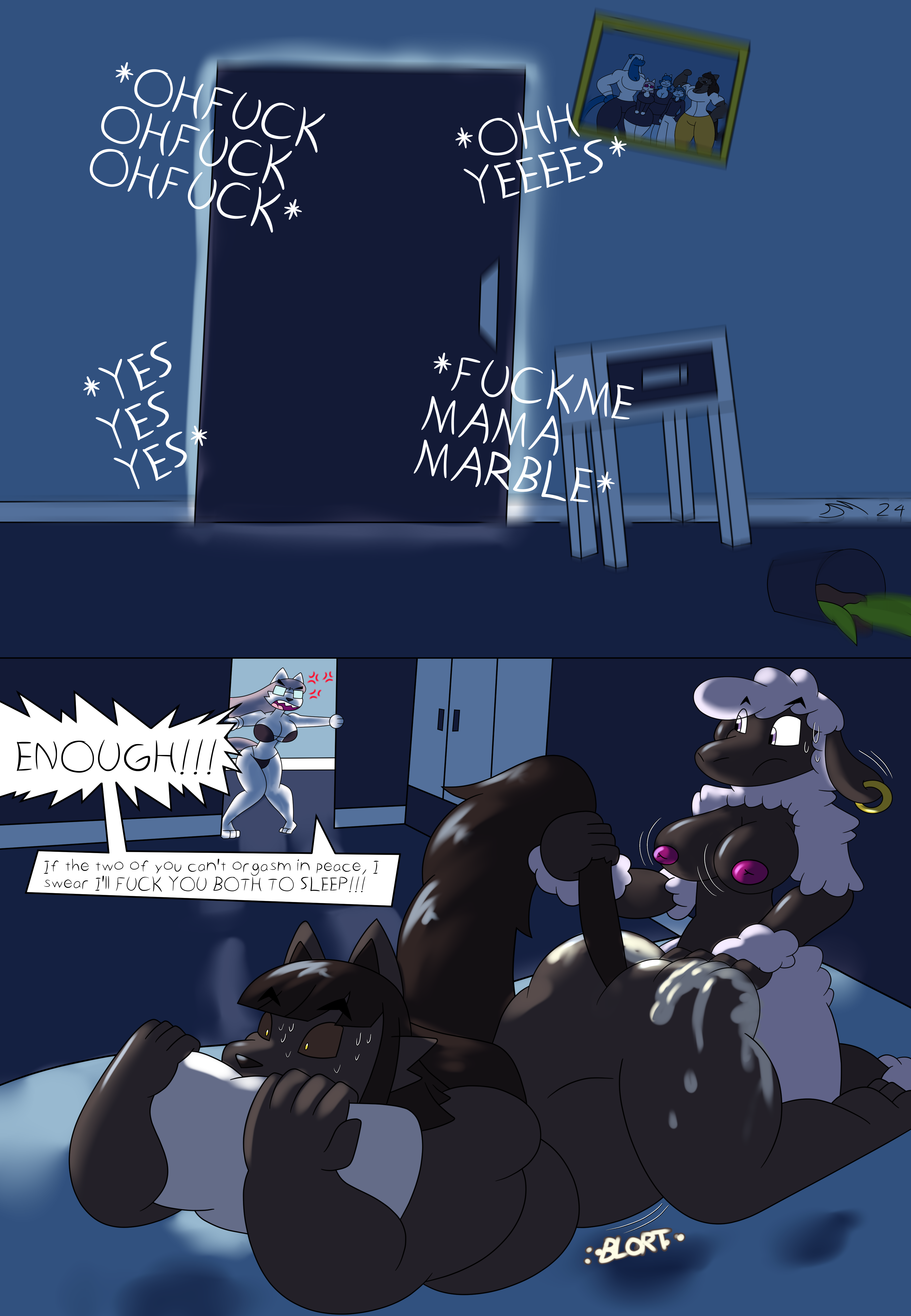absurd res, hi res, anthro, black body, black fur, bovid, caprine, dirtymac, domestic cat, ear piercing, ear ring, felid, feline, felis, female, fur, futanari, hair, hybrid, intersex, male, mammal, night, night time, noise complaint, nude, piercing, pink hair, purple eyes, puwma, ring piercing, sex, sheep, white body, white fur, wool (fur), yellow eyes, 