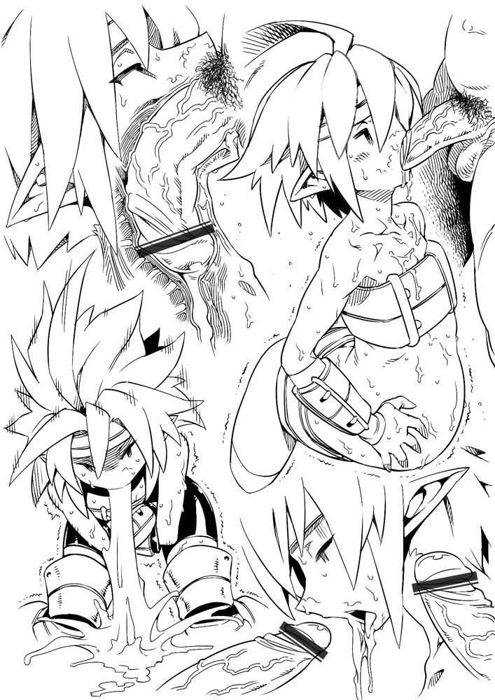 bajou takurou, character request, censored, monochrome, bare shoulders, beltbra, belts, cum, cum in mouth, cum in throat, cum inflation, cum puke, deepthroat, ejaculation, erect, fellatio, gokkun, headgear, magic penis, male, male pubic hair, oral, penis, pointless censoring, pointy ears, pubic hair, spiked hair, spiky hair, stomach bulge, testicles, trembling, veins, veiny penis, vomit, x-ray, 