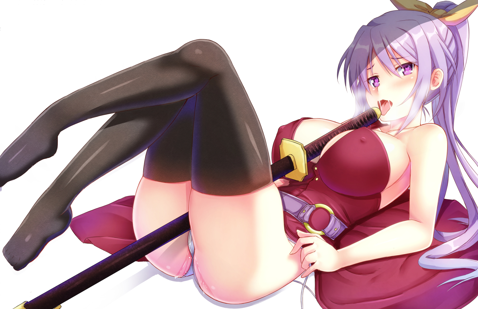 ebi 193, watatsuki no yorihime, touhou, simple background, white background, :p, bare shoulders, black legwear, blush, bow, breasts, cleavage, covered nipples, female, hairbow, heart, heart-shaped pupils, katana, large breasts, long hair, looking at viewer, lying, o-ring, on back, panties, ponytail, purple eyes, purple hair, pussy juice, sexually suggestive, side-tie panties, sleeveless, solo, sword, symbol-shaped pupils, thighhighs, tied hair, tongue, tongue out, underwear, untied, untied panties, weapon, white panties, 