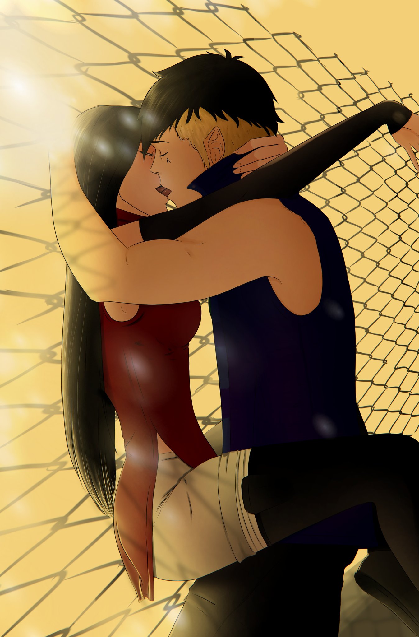 kawaki, sarada uchiha, boruto: naruto next generations, black hair, clothed sex, embracing, embracing each other, excited, hotpants, kissing, long hair, looking at partner, looking pleasured, pleasure face, standing position, standing sex, sweatdrop, sweating, 