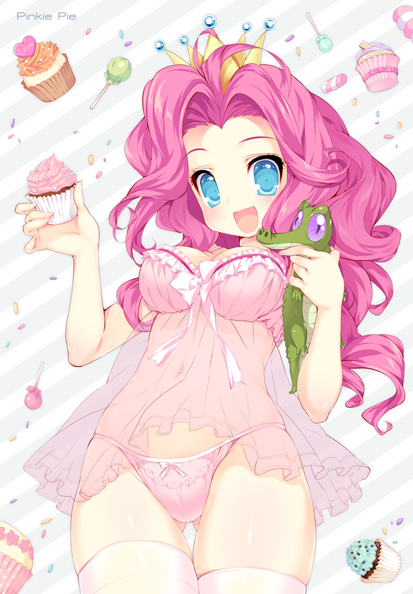 emily (pure dream), gummy (mlp), pinkie pie (mlp), friendship is magic, my little pony, alligator, babydoll, blue eyes, blush, breasts, candy, crown, cupcake, female, feral, food, hair, holding, human, humanized, lingerie, lollipop, long hair, looking at viewer, male, navel, nightgown, open mouth, panties, personification, pink hair, reptile, scalie, smile, solo, sprinkles, underwear, 
