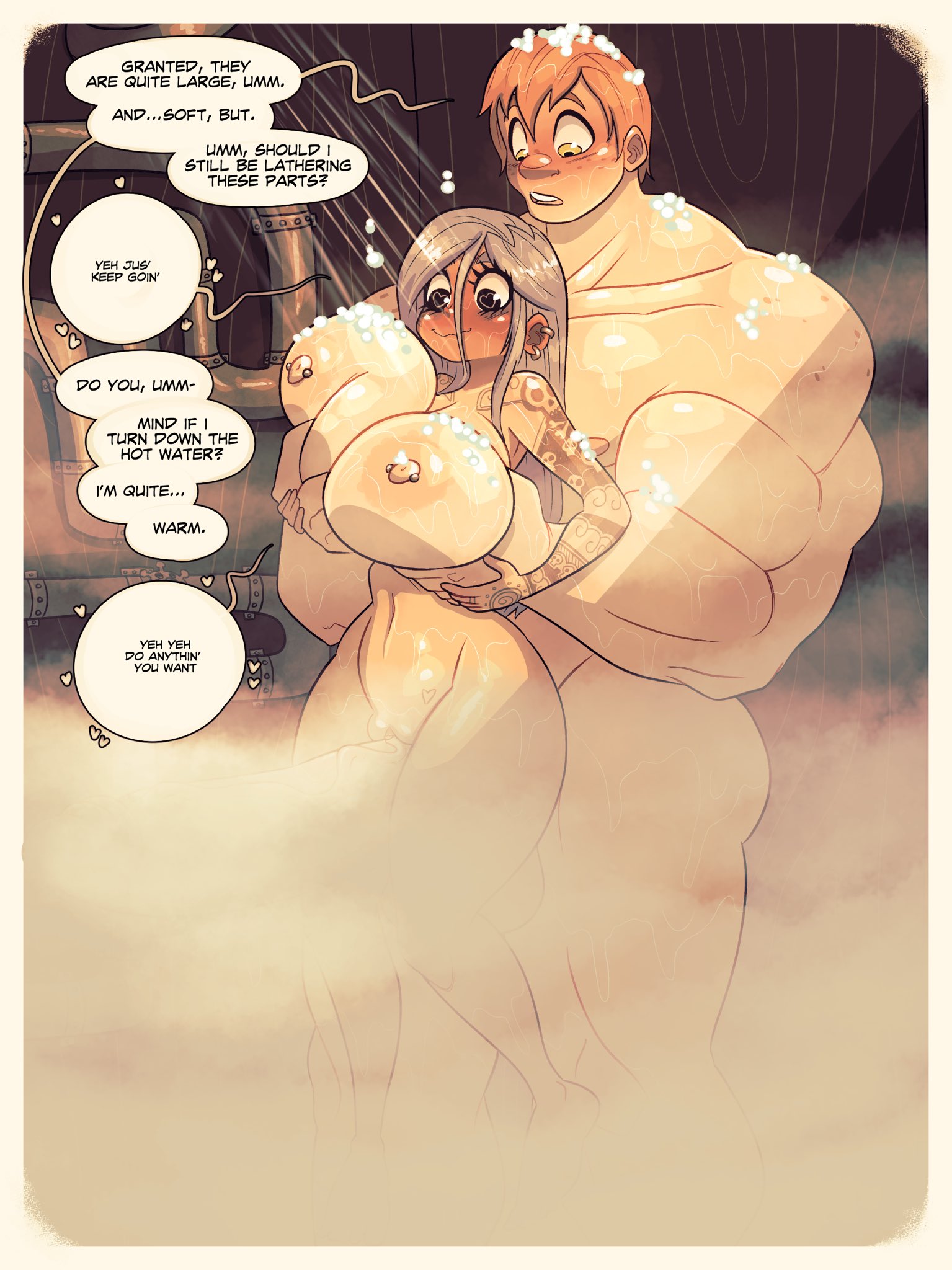 jack cayless, speech bubble, text, text bubble, 1boy1girl, 1girl1boy, areola, areolae, big breasts, bigger male, black eyes, blush, blush lines, blushing, bracelet, cupping breasts, dialogue, earring, earrings, farmboy, farmer, fog, fondling, fondling breast, freckles, freckles on shoulders, giant breasts, giant sword, ginger, ginger hair, grey hair, grin, heart-shaped pupils, heart eyes, heart tattoo, held up, hidden penis, himbo, huge breasts, larger male, lather, muscular, muscular male, nipple, nipple piercing, pierced ears, pierced nipples, piercing, red hair, round breasts, shower, skull and crossbones tattoo, skull tattoo, sleeve tattoo, smaller female, soap, soap bubbles, soapy, squeezing, squeezing breast, steam, tattoo, tattoo on arm, tattoo sleeve, tattoo under eye, tattooed arm, tattoos, thick thighs, wet, wet body, wet hair, wet skin, wide hips, 