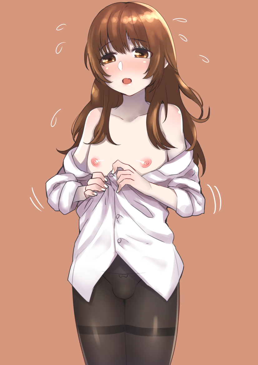 inuhasiru, yukio, yuki, blush, brown eyes, brown hair, bulge, femboy, girly, long hair, male, my wife is a man, nipples, open mouth, panties, pantyhose, shirt, shirt down, solo, standing, trap, 