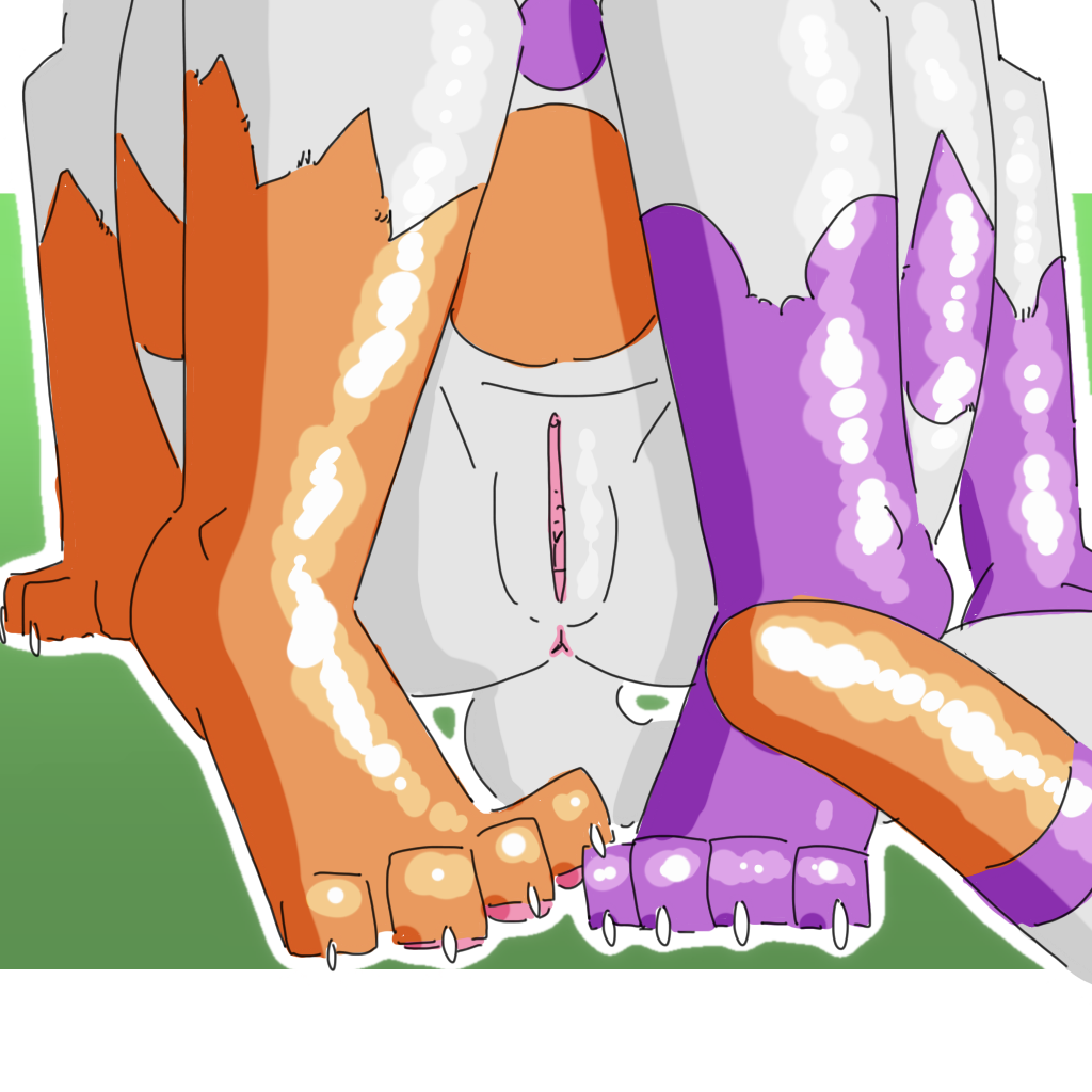 anthro, anus, cally (theenyface), dipstick tail, domestic cat, feet, felid, feline, felis, female, foot focus, fur, genitals, glistening, glistening body, mammal, markings, orange body, orange fur, paws, purple body, purple fur, pussy, solo, tail markings, theenyface, white body, 