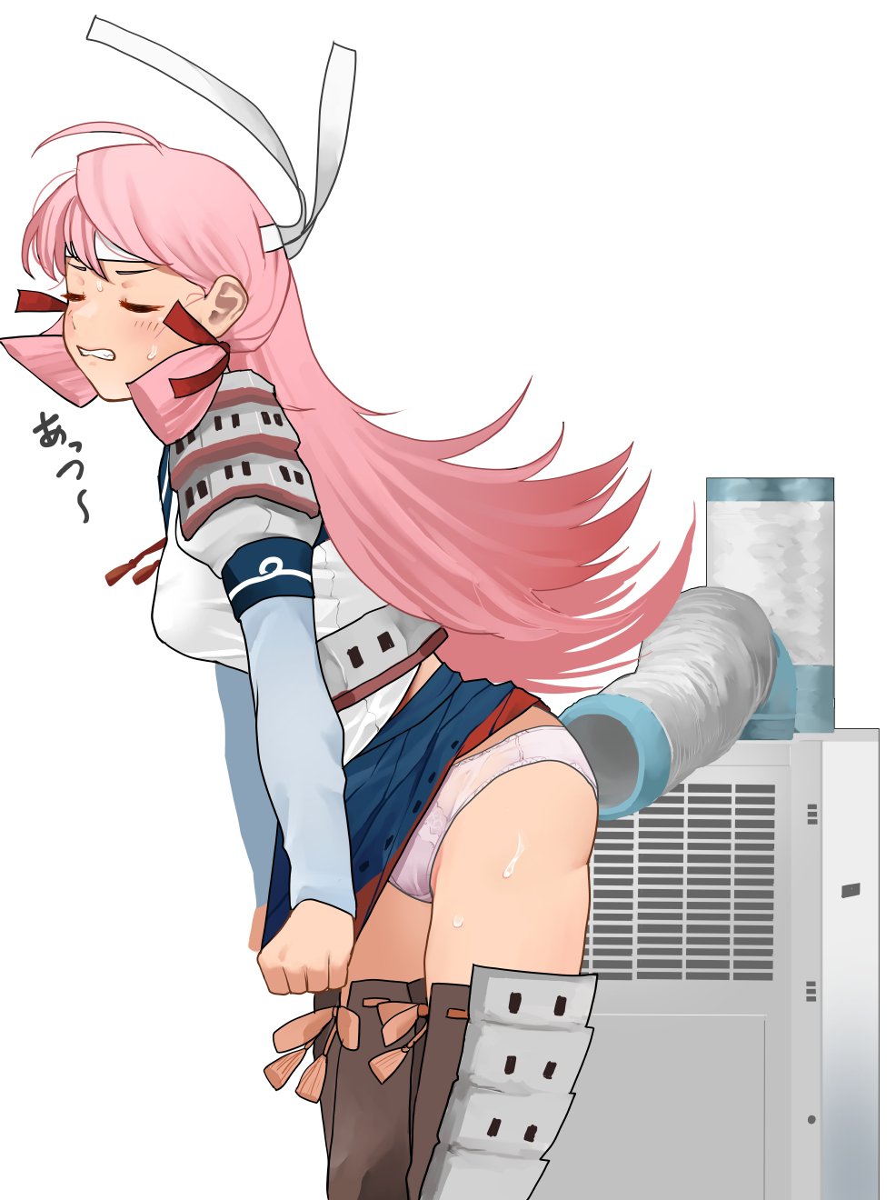 akashi (kantai collection), kantai collection, highres, air conditioner, armor, ass, bandana, blue skirt, blunt tresses, closed eyes, clothes lift, female, hair ribbon, hip vent, long hair, long sleeves, panties, pink hair, pleated skirt, ribbon, school uniform, serafuku, skirt, skirt lift, solo, thighhighs, tooku nomura (artist), tress ribbon, underwear, 