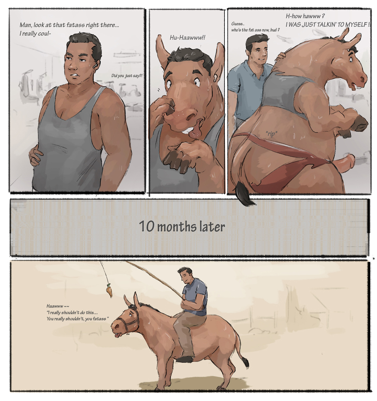 demi, gain, english text, hi res, text, asinus, ass, donkey, equid, equine, forebucks, forepawz, hayhorse, male only, mammal, overweight, transformation, weights, wg, 