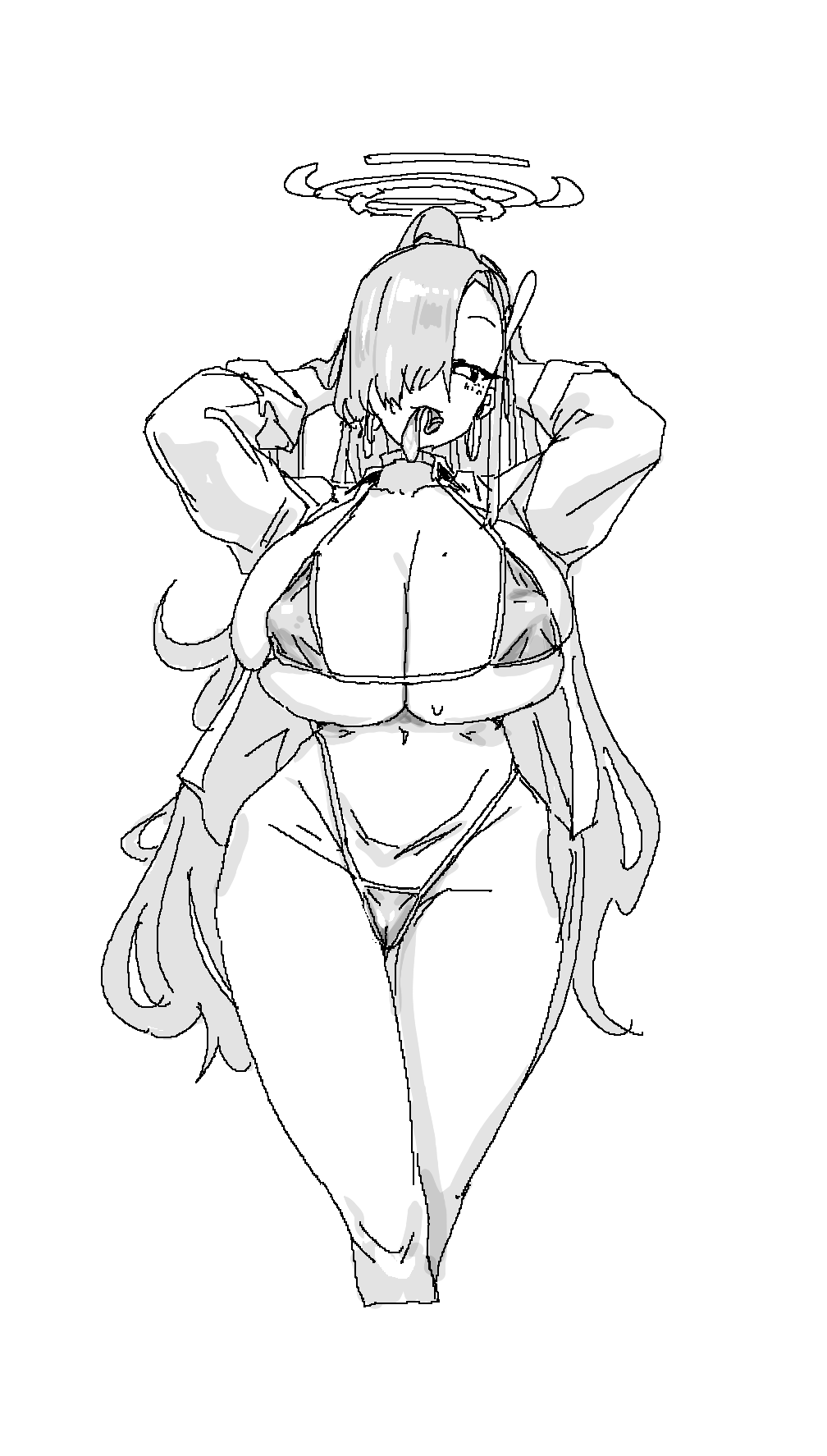 1girls asuna_(blue_archive) asymmetrical_bangs bangs bangs_over_one_eye bikini blue_archive breast_squeeze breast_squish breasts camel_toe cameltoe choker collared_shirt condom condom_in_mouth cum_in_condom female greyscale hair_accessory hair_ornament hair_over_one_eye hair_ribbon halo hands_in_hair hands_up hips large_breasts leebongchun legs_together long_sleeves looking_at_viewer mole mole_on_breast nipple_bulge nipples nipples_visible_through_clothing open_shirt ponytail pussy ribbon ribbon_in_hair skindentation small_bikini solo sweat sweatdrop tying_hair unbuttoned_shirt updo upper_body used_condom used_condom_in_mouth very_long_hair white_background white_choker white_collared_shirt white_shirt