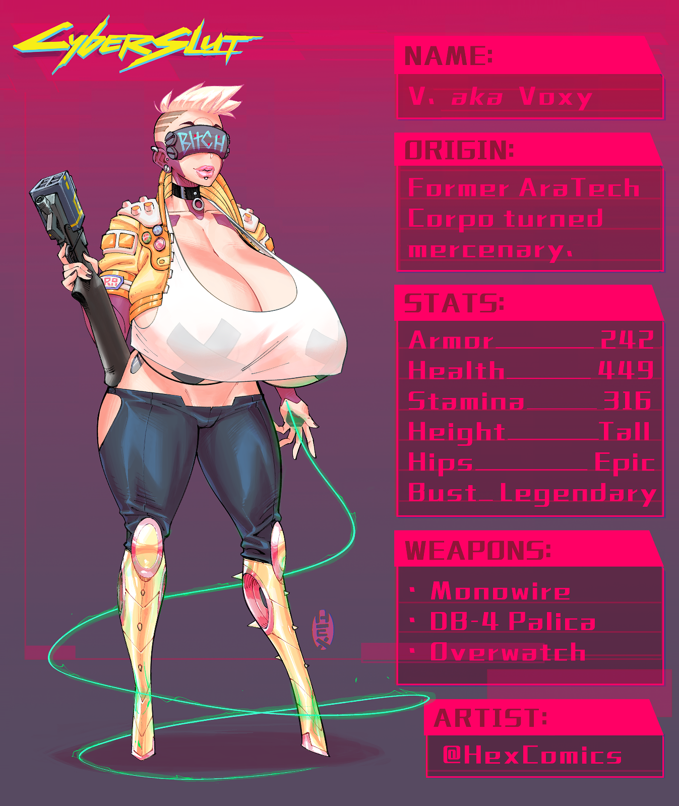 hexamous, cyberpunk 2077, character sheet, cyberpunk, gigantic breasts