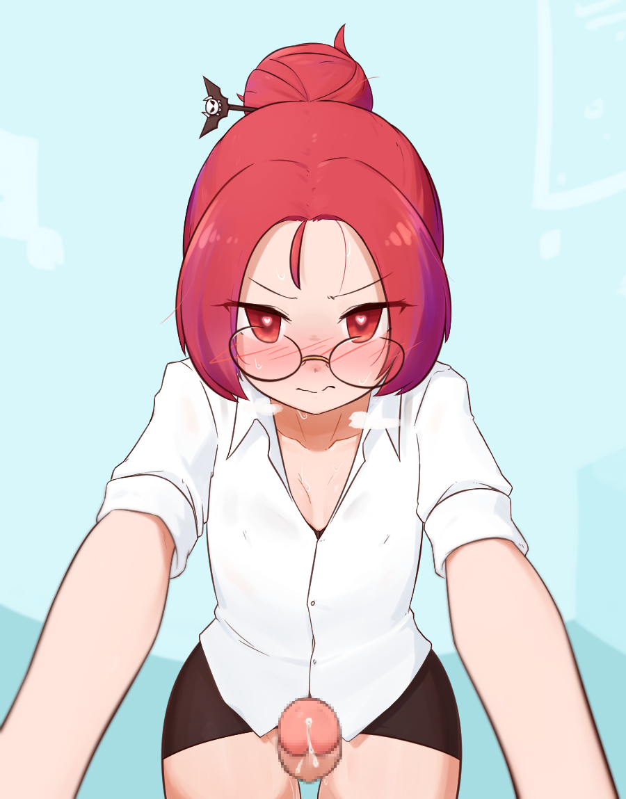censored, mosaic censoring, 1futa, blush, erection, futa only, futanari, glasses, heart-shaped pupils, heavy breathing, liveactors, looking at viewer, penis, precum, red eyes, red hair, shirt, white shirt, 