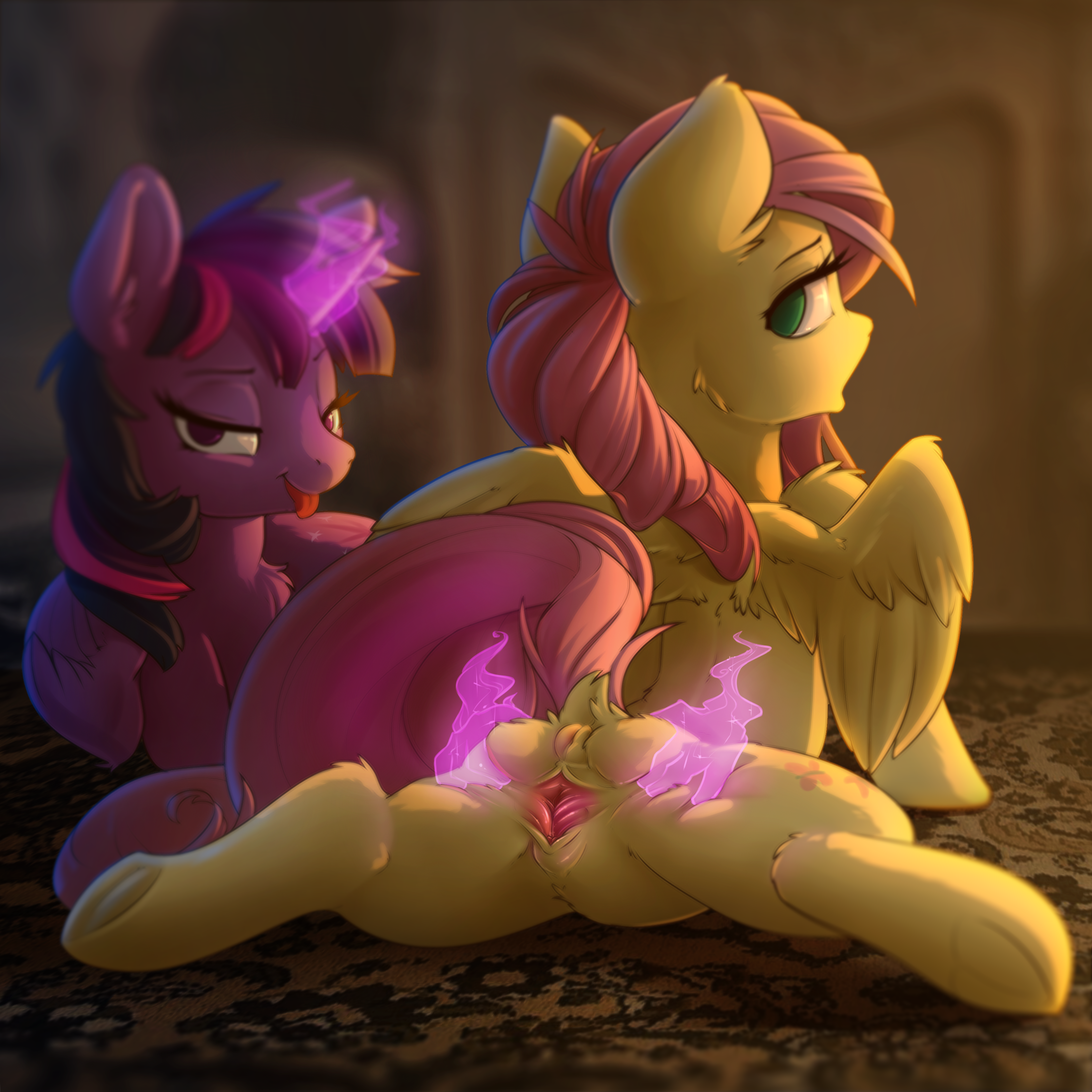 eto ya, fluttershy (mlp), twilight sparkle (mlp), friendship is magic, my little pony, 2017, absurd res, hi res, alicorn, ass, cutie mark, dock, duo, equine, feathered wings, feathers, female, feral, fur, glowing, hair, half-closed eyes, hooves, horn, inside, long hair, looking at viewer, looking back, magic, mammal, pegasus, pink hair, pink tail, pussy, spread legs, spread pussy, spreading, tongue, tongue out, underhoof, wings, 
