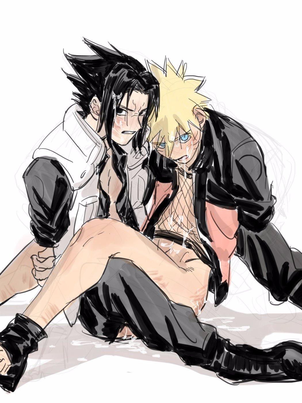 sasuke uchiha, uchiha sasuke, uzumaki naruto, naruto, naruto (series), naruto shippuden, 2boys, after rape, after sex, black eyes, black hair, blonde hair, blue eyes, blush, clothing, cum, cum drip, cum dump, cum in ass, cum in mouth, cum inside, cum on body, cum on face, cum on hair, cumdrip, cumdump, dripping cum, fully clothed, gay, gritted teeth, jacket, legs up, looking at viewer, male, male only, no panties, open clothes, open shirt, ripped clothing, shuxiaosha, whisker markings, yaoi, 