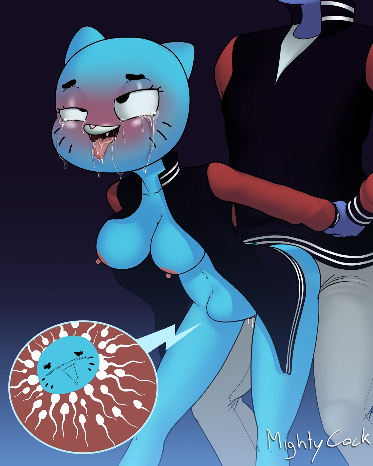 mightycock, nicole watterson, the amazing world of gumball, 1boy, 1girls, ahe gao, anthro, areolae, big breasts, blue fur, blush, cum, cum in pussy, cum inside, female, female penetrated, impregnation, nipples, ovum, pleasure face, sperm cell, stomach bulge, vaginal penetration, vaginal sex, 