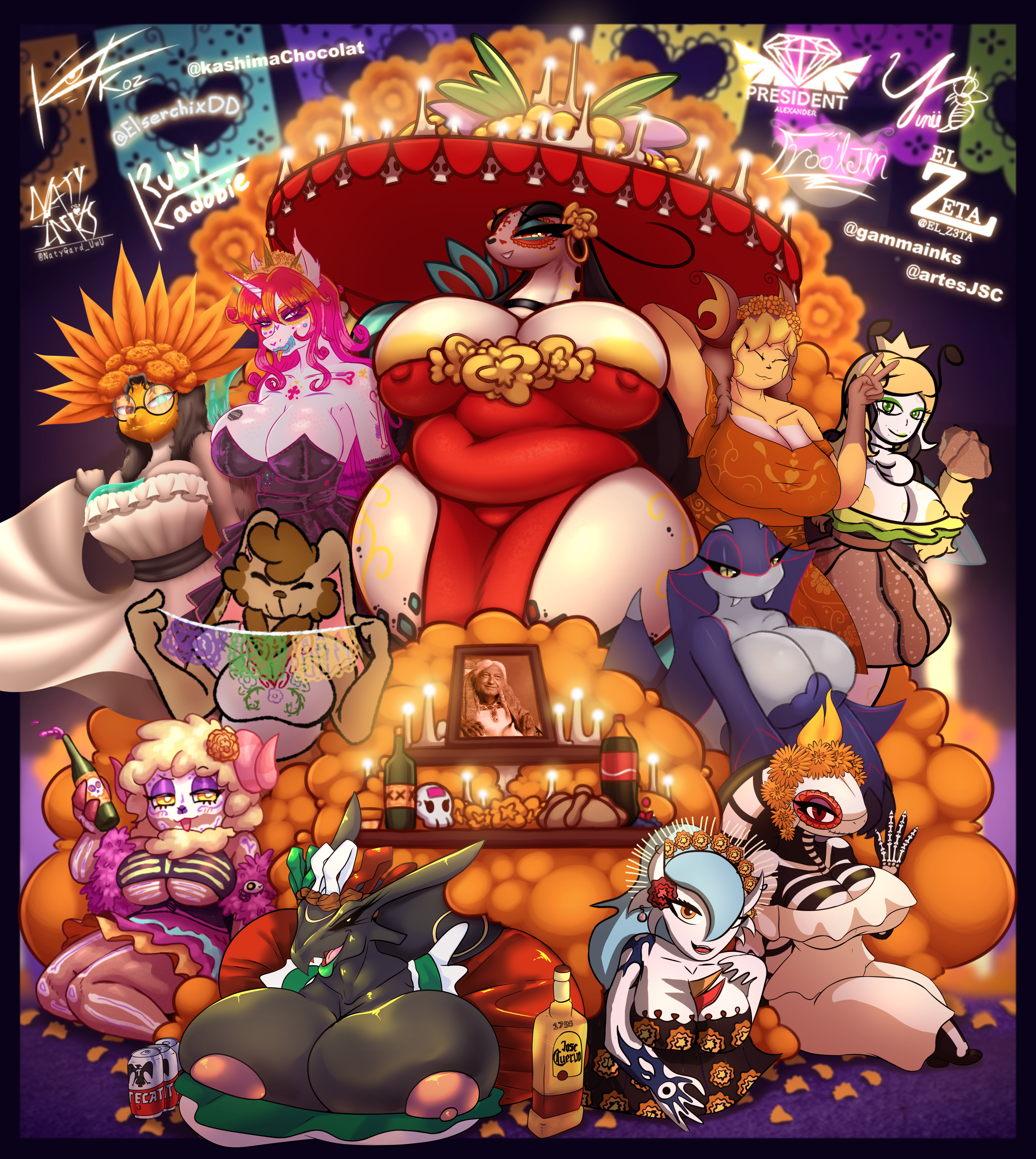 2025 absurd_res accessory alcohol anthro areola artesjsc artist_collaboration artist_logo artist_name beverage big_breasts black_body black_hair blonde_hair blue_body blue_hair bodypaint bone bone_mask bottomwear breasts brown_body brown_hair clothing day_of_the_dead digital_drawing_(artwork) digital_media_(artwork) el_zeta elserchixd erect_nipples eyewear face_paint female flower flower_accessory flower_in_hair flygon gammainks gardevoir generation_1_pokemon generation_3_pokemon glasses group hair hair_accessory hat headgear headwear hi_res holidays horn huge_breasts humanoid humor kyogre lagomorph legendary_pokemon logo looking_at_viewer makeup mama_coco mammal markings mask mexican mexican_flag mila_(president_alexander) milotic nintendo nipple_outline nipples open_mouth plant pokemon pokemon_(species) presialexander president_alexander raichu rayquaza red_eyes shiny_pokemon signature size_difference skeleton_(marking) skirt skull skull_mask smile text thick_thighs vool_jin_cortes white_body wide_hips yellow_areola