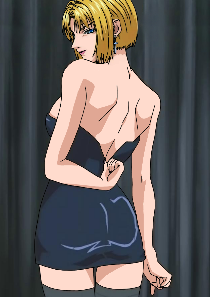 1girls anime_screencap ass ass_focus back_zipper bare_back bare_shoulders bible_black big_ass big_breasts black_dress black_socks blonde_hair blue_eyes breasts cross cross_earrings dress earrings female from_behind highres jewelry kitami_reika looking_at_viewer looking_back mature mature_female milf ova rear_view revealing_clothes screencap short_hair skimpy skimpy_clothes socks solo teacher uncensored undressing upper_body viewed_from_behind zipper zipper_down zipper_pull_tab