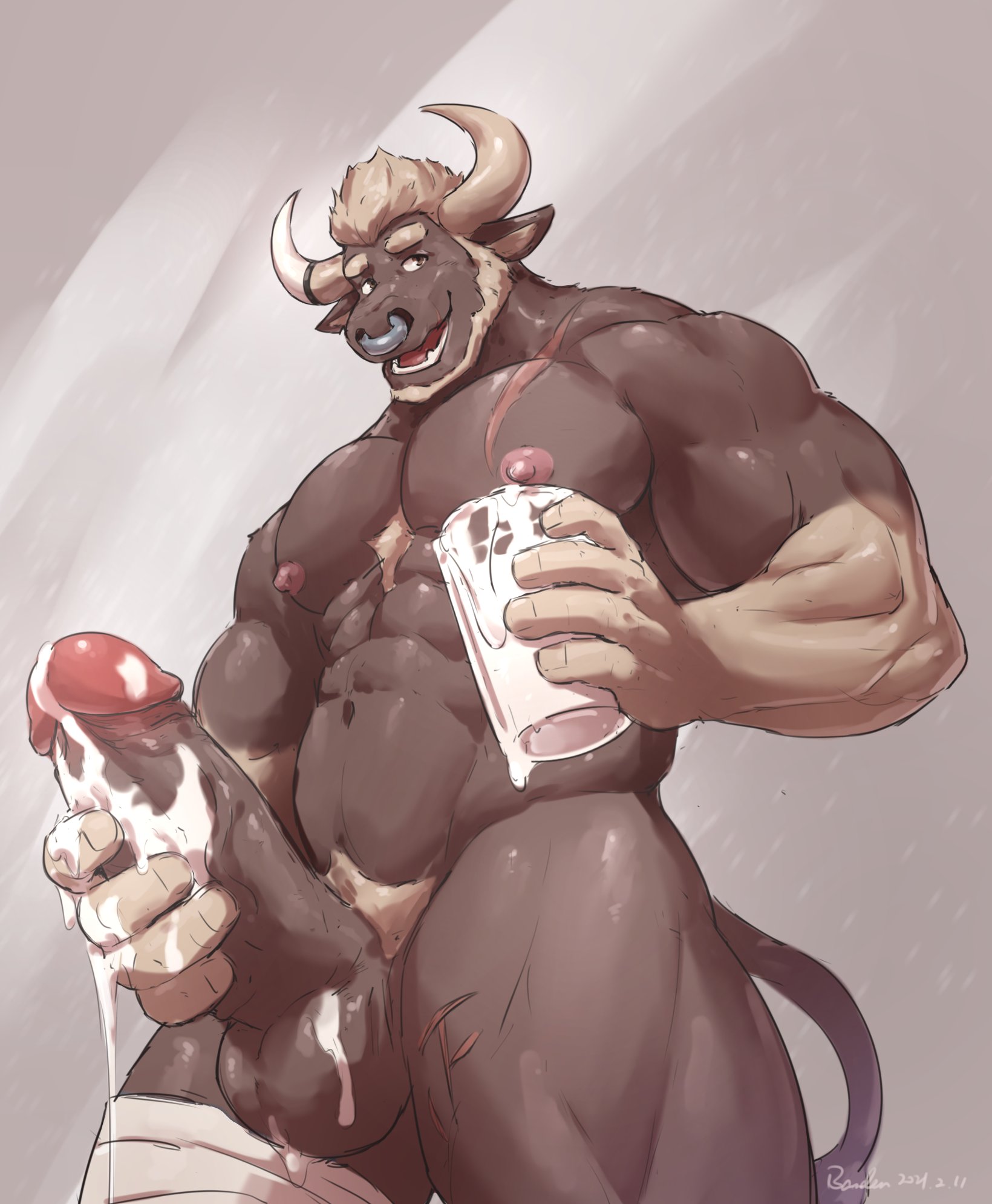 dated, hi res, simple background, 2021, abs, anthro, areola, baiyushou, balls, beard, biped, bodily fluids, bovid, bovine, brown balls, brown body, brown eyes, brown fur, cattle, cum, cum drip, cum in a cup, cum on balls, cum on hand, cum on penis, cup, dripping, facial hair, facial piercing, fur, genital fluids, genitals, gloves (marking), hair, holding cup, holding object, holding penis, horn, humanoid genitalia, humanoid penis, leg scar, male, mammal, markings, muscular, muscular anthro, muscular male, nipples, nose piercing, nose ring, nude, open mouth, pecs, penis, piercing, pubes, scar, solo, teeth, 