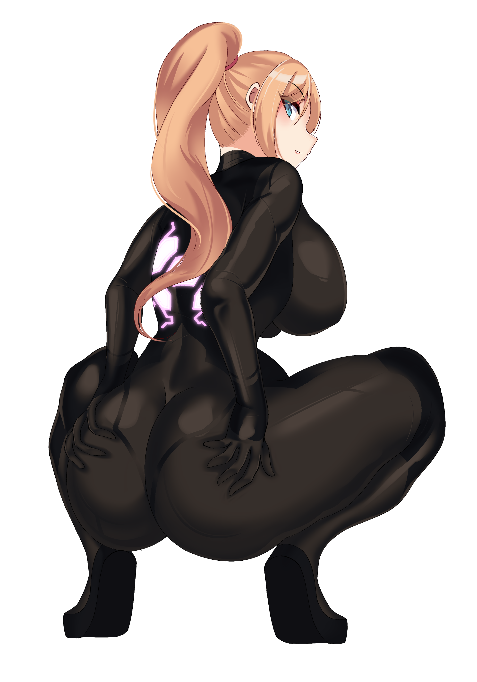 volyz, samus aran, metroid, nintendo, white background, 1girls, ass, big ass, big breasts, blonde hair, blue eyes, bodysuit, female, grabbing own ass, huge breasts, large ass, large breasts, long hair, ponytail, sideboob, solo, spread ass, squatting, thick ass, thick thighs, thighs, voluptuous, zero suit, 