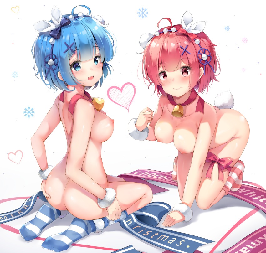 ram (re:zero), rem (re:zero), re:zero kara hajimeru isekai seikatsu, 2females, 2girl, 2girls, big breasts, blue eyes, blue hair, breasts, eyes, eyes open, female, female only, females, females only, girl, girls, girls only, hair, pink hair, red eyes, 