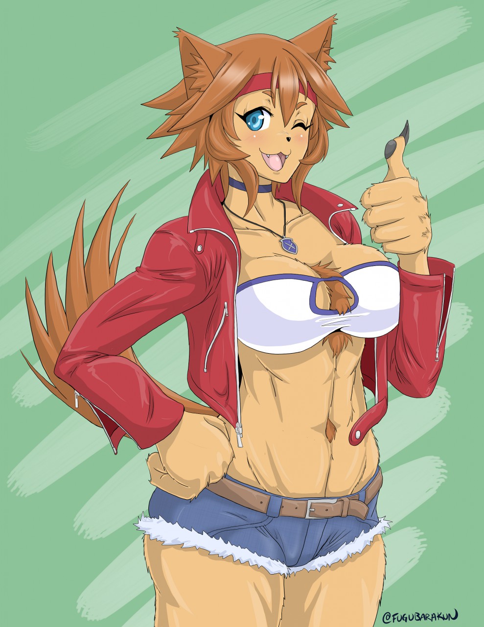 polt (monster musume), monster musume no iru nichijou, simple background, text, watermark, 1girls, abs, anthro, big breasts, blue eyes, breasts, brown fur, brown hair, canine, canine humanoid, chest tuft, choker, cleavage, covered breasts, dog ears, dog girl, dog humanoid, dog tail, doggirl, female only, furry, headband, jacket, monster girl, necklace, no bra, short hair, short shorts, thick thighs, 