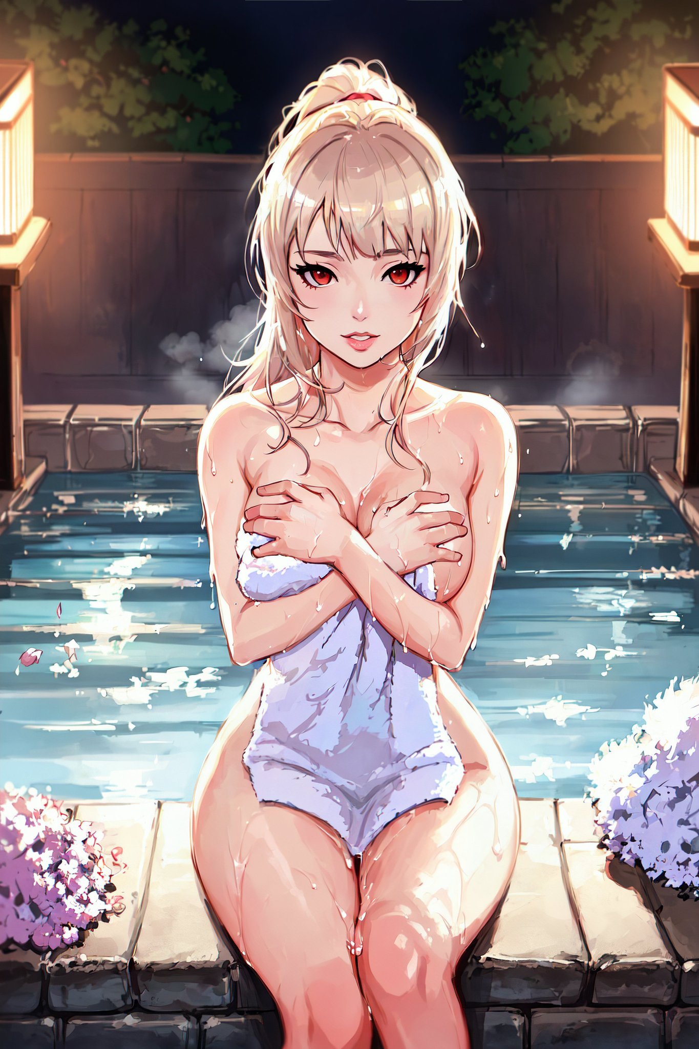 1female, 2023, ai generated, big breasts, blonde hair, curvy body, curvy female, curvy figure, female focus, female only, hiding breasts, hot spring, ponytail, stable diffusion, 