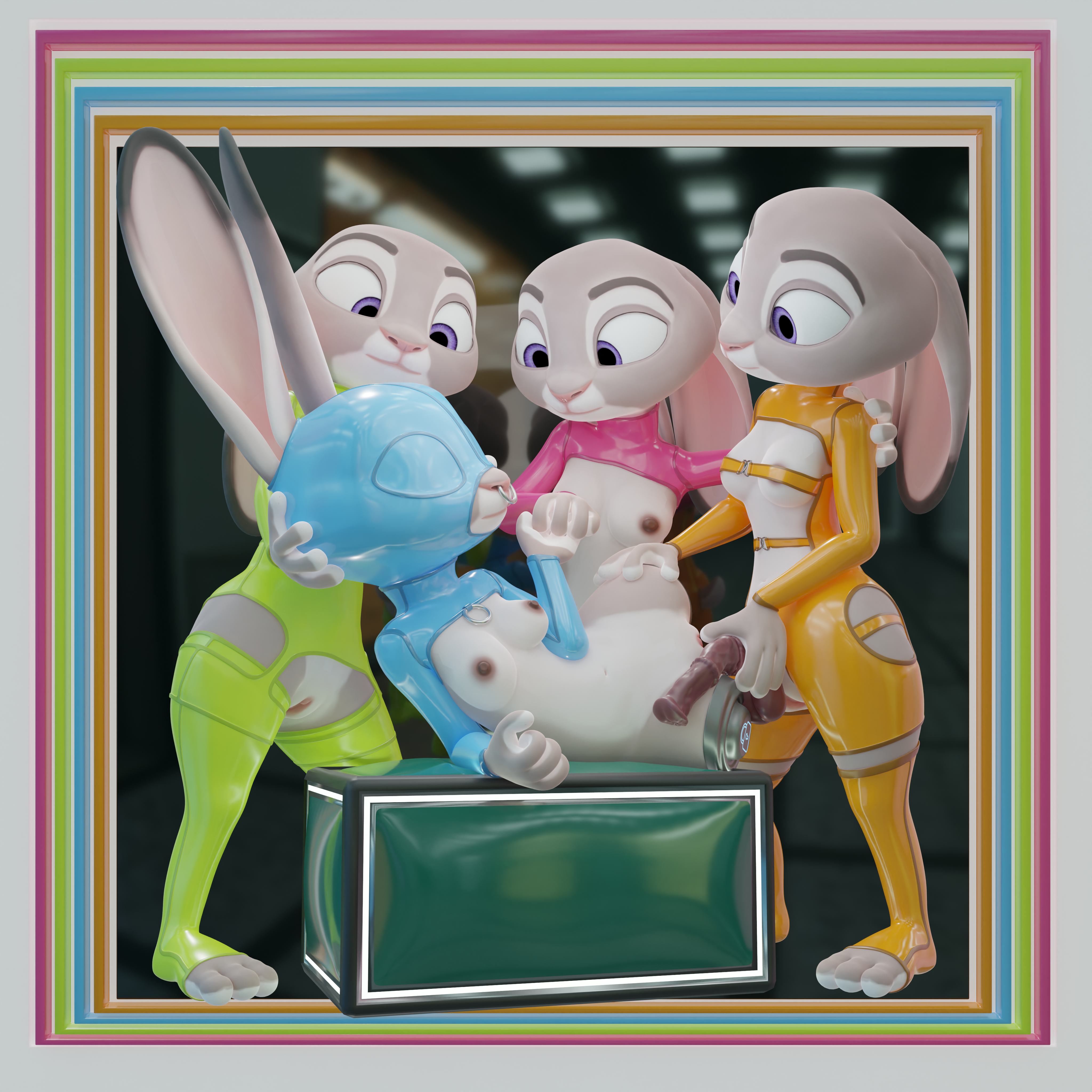 judy hopps, disney, zootopia, absurd res, blender (software), hi res, amputee, anthro, comorito, disability, female, female/female, group, intersex, lagomorph, leporid, mammal, rabbit, rubber, 