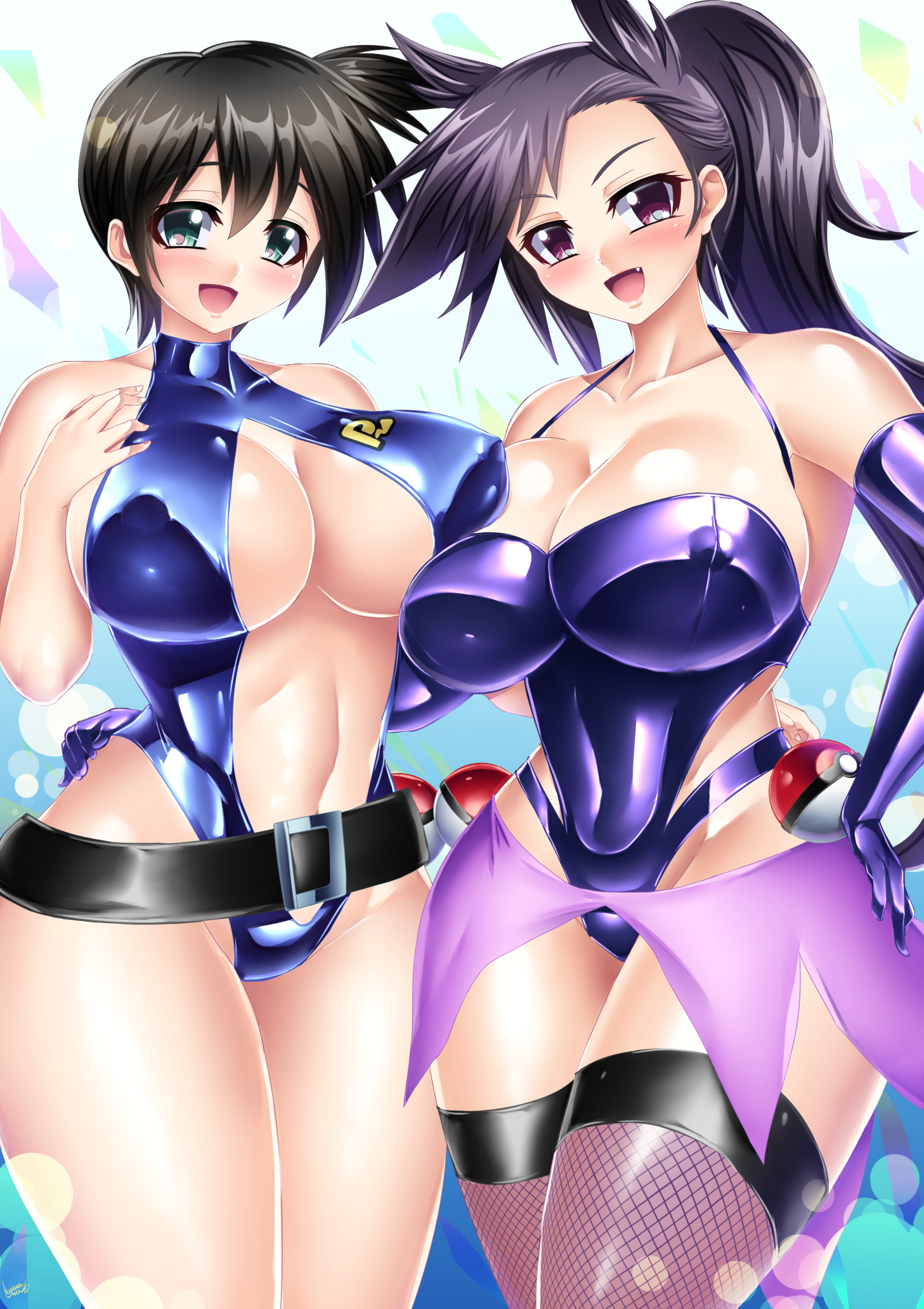 kasumi (pokemon), pokemon reburst, pokemon rgby, 2girls, big breasts, black hair, blush, breasts, dark hair, gloves, green eyes, heart, huge breasts, kogawawaki, large breasts, legs, misty (the electric tale of pikachu), one-piece swimsuit, pauline (pokemon), pokeball, pokemon, pokemon (manga), smile, swimsuit, the electric tale of pikachu, thick, thick thighs, thighhighs, thighs, 