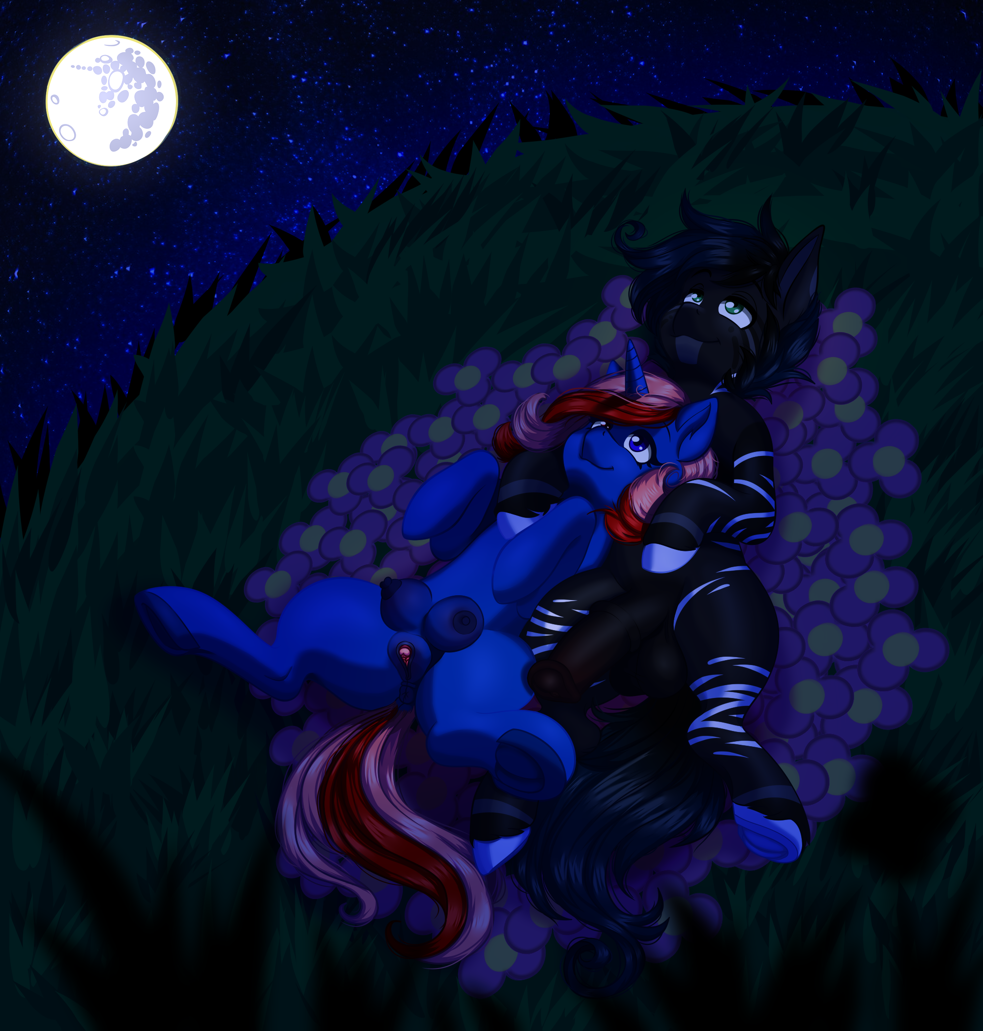 my little pony, hi res, anatomically correct, anatomically correct anus, anatomically correct genitalia, anatomically correct penis, anatomically correct pussy, animal genitalia, animal penis, animal pussy, anus, balls, big balls, black body, black fur, blue body, blue fur, blue hair, clitoris, crotchboobs, dibujito, duo, equid, equine, equine penis, equine pussy, female, feral, flower, flower bed, fur, genitals, grass, hair, hooves, horn, horse, lying, male, male/female, mammal, nipples, on back, penis, plant, pony, pussy, striped body, striped fur, stripes, unicorn, 
