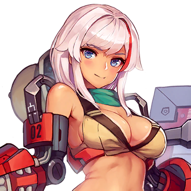 bangs bare_shoulders big_breasts blue_eyes blush breasts cleavage color crop_top female female_focus female_only game_cg green_scarf lancer_mina last_origin looking_at_viewer mechanical mechanical_arm medium_hair mina_(last_origin) multicolored_hair paintale pink_hair scarf sleeveless small_image smile smiling smiling_at_viewer streaked_hair tan tan_body tanline tanned tanned_female tanned_skin transparent_background upper_body