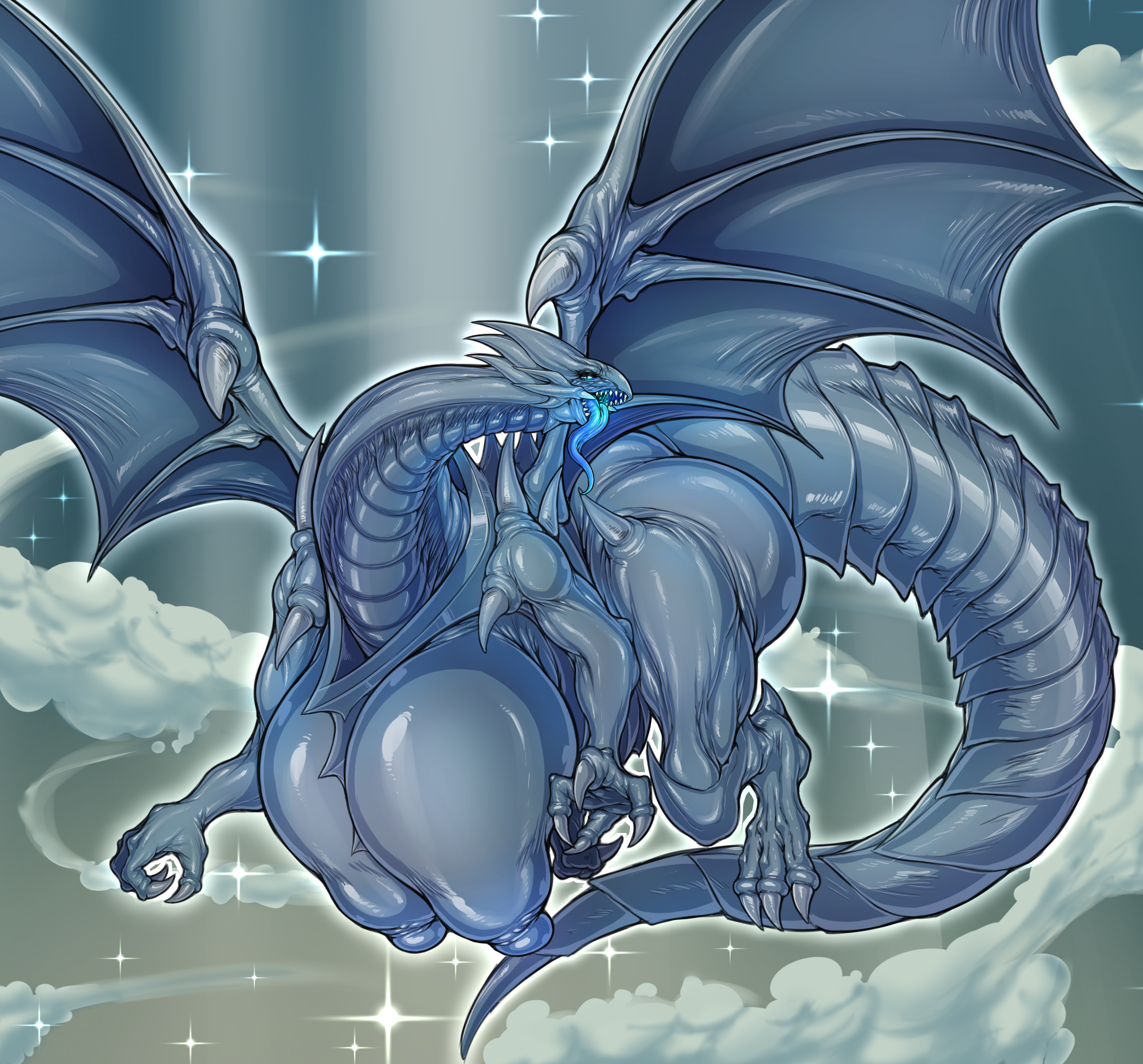 dryadex, blue-eyes white dragon, yu-gi-oh!, areolae, blue skin, breasts, bu...