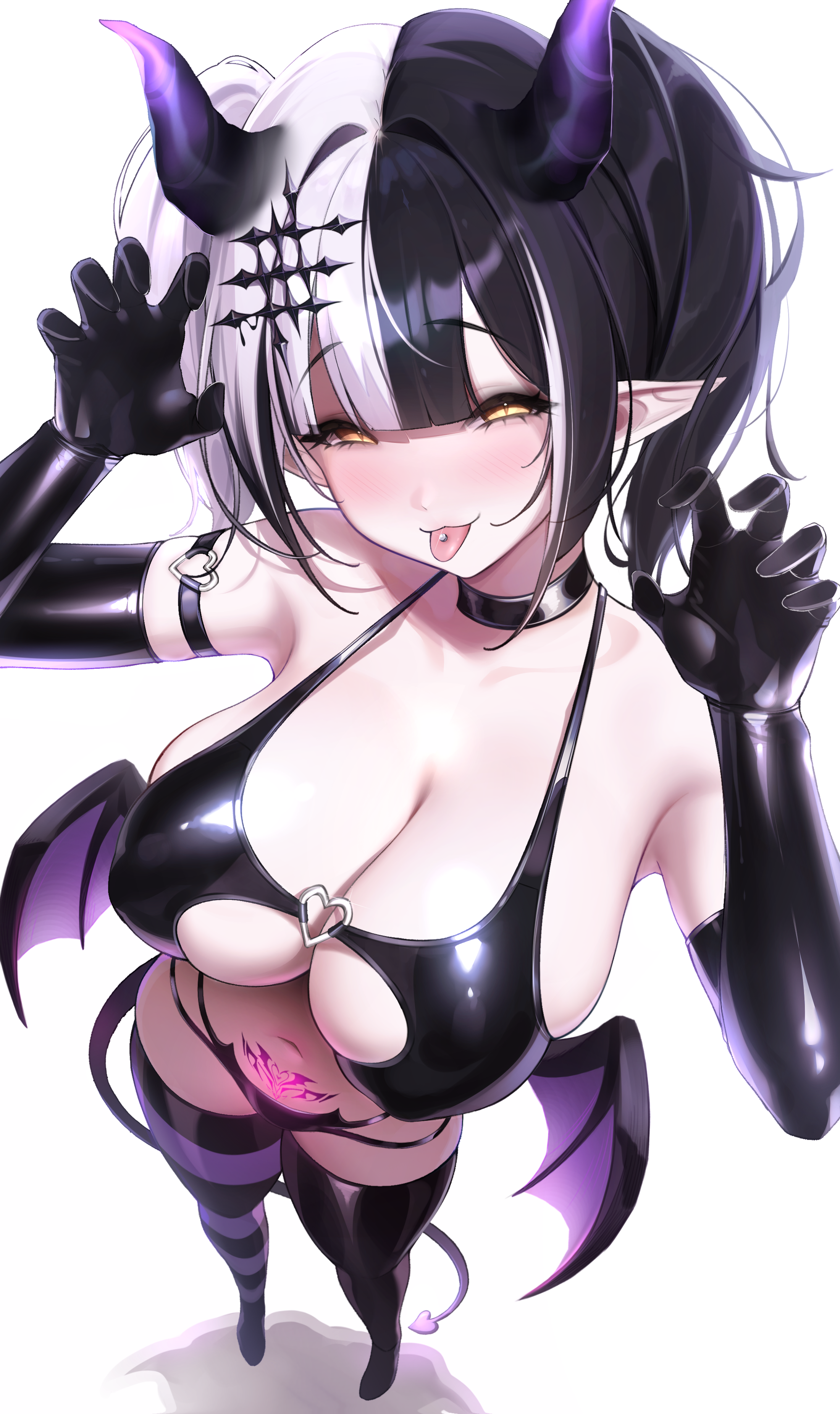 hololive, virtual youtuber, absurdres, commentary, highres, simple background, white background, 1girls, :p, bikini, black bikini, black choker, black gloves, black hair, black thighhighs, blunt bangs, breasts, center-flap bangs, choker, claw pose, cleavage, demon girl, demon horns, demon tail, demon wings, elbow gloves, female, gloves, glowing, glowing tattoo, grey hair, hair ornament, hands up, heart, heart o-ring, hololive english, hololive english -advent-, horns, large breasts, long hair, looking at viewer, low wings, mismatched thighhighs, multi-strapped bikini bottom, multicolored hair, navel, o-ring, o-ring arm strap, o-ring bikini, o-ring top, piercing, pointy ears, prab, pubic tattoo, purple thighhighs, shiori novella, solo, split-color hair, stomach, striped clothes, striped thighhighs, swimsuit, tail, tattoo, thighhighs, tongue, tongue out, tongue piercing, twintails, wings, yellow eyes, 