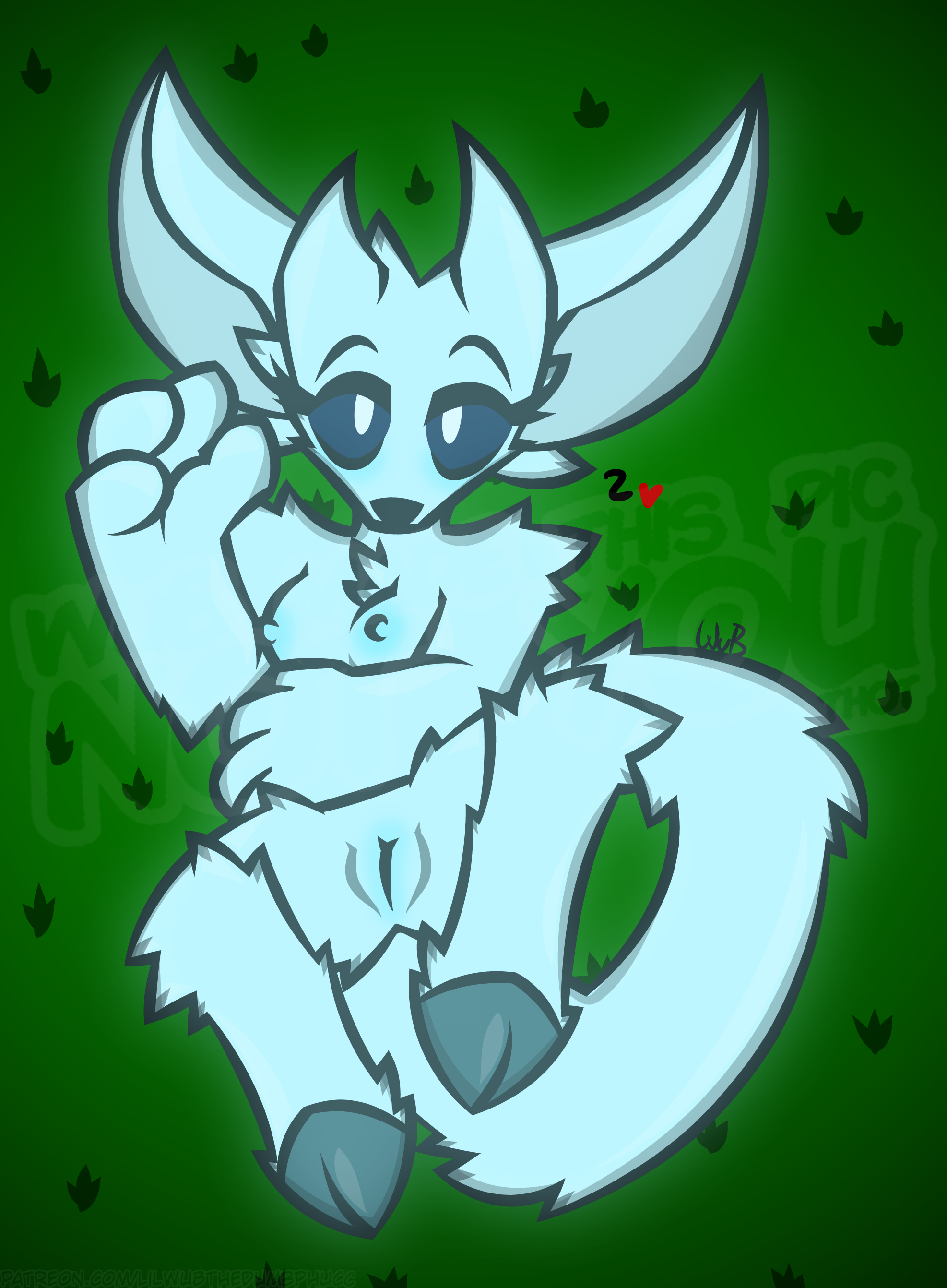 ori, ori and the blind forest, absurd res, hi res, watermark, 4 fingers, anthro, big ears, black sclera, breasts, female, fingers, fur, genitals, glowing, glowing body, glowing fur, grass, heart, hooves, horn, legs up, long tail, looking at viewer, lying, mammal, nipples, plant, pussy, signature, small breasts, solo, spirit, white eyes, wub (artist), 