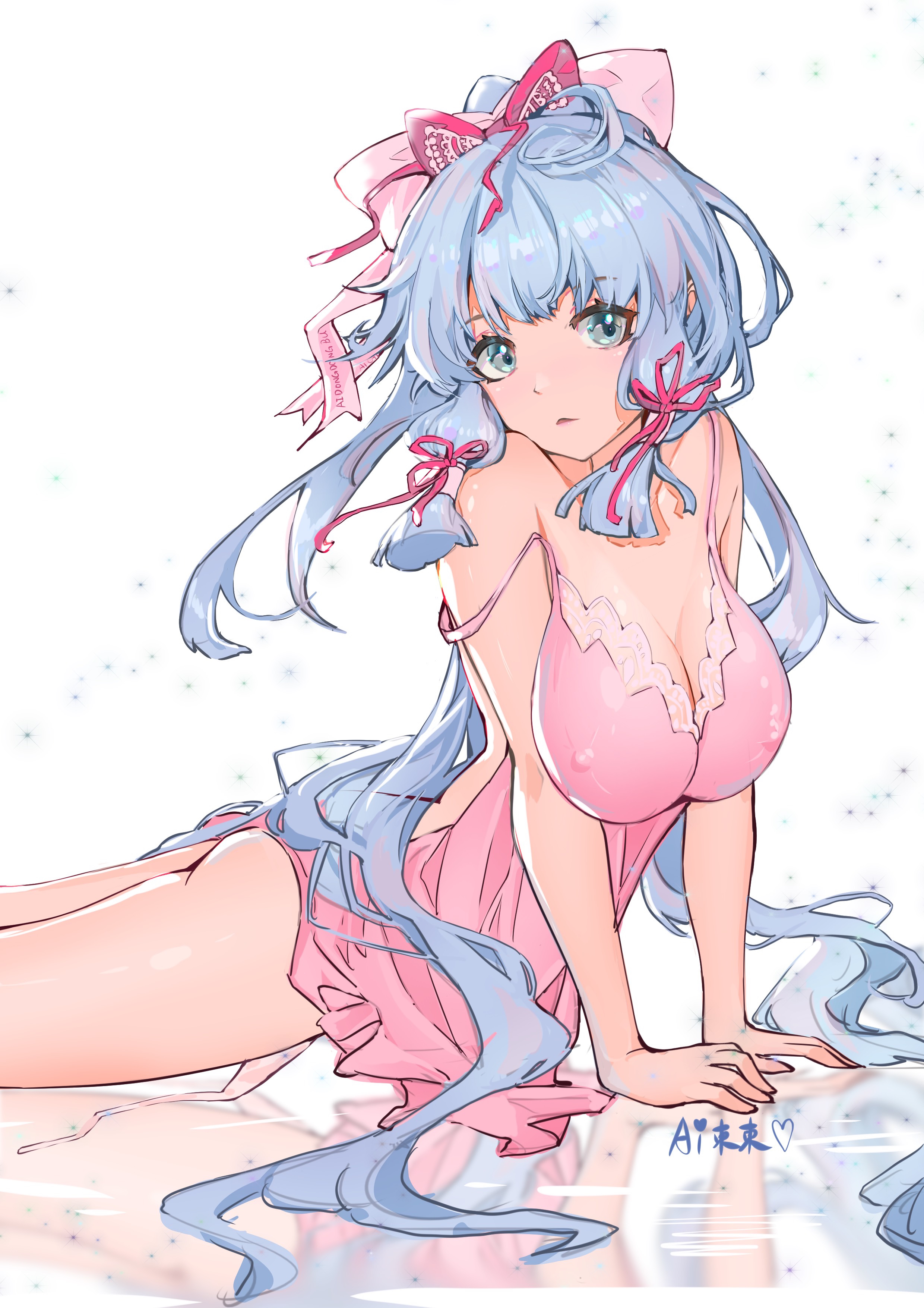absurd res, highres, 1girls, 2021, ai dongdong, artist name, ass, bare arms, bare shoulders, blue eyes, blue hair, bow, breast squeeze, breasts, camisole, cleavage, eyebrows visible through hair, female, female only, genshin impact, hair ribbon, heart, kamisato ayaka, large breasts, long hair, long ponytail, matching hair/eyes, nightgown, nipple bulge, open mouth, pink camisole, pink nightgown, ponytail, reflection, reflective floor, ribbon, signature, solo, strap slip, thighs, tied hair, underwear, very long hair, 